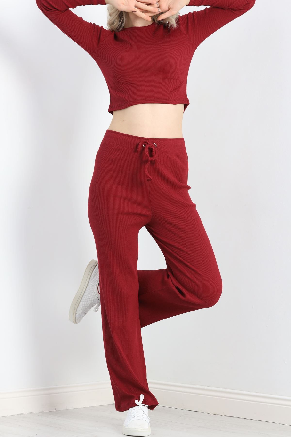 ZANBUTİK-Burgundy Crew Neck Camisole Double Set - 19404.1567 7