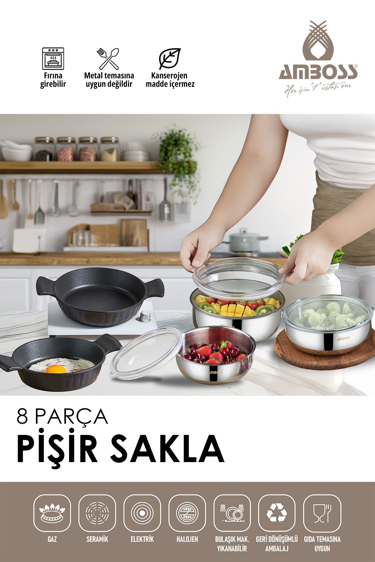 Amboss 8 Parça Pişir Sakla Sahan & Paslanmaz Çelik Saklama Kabı