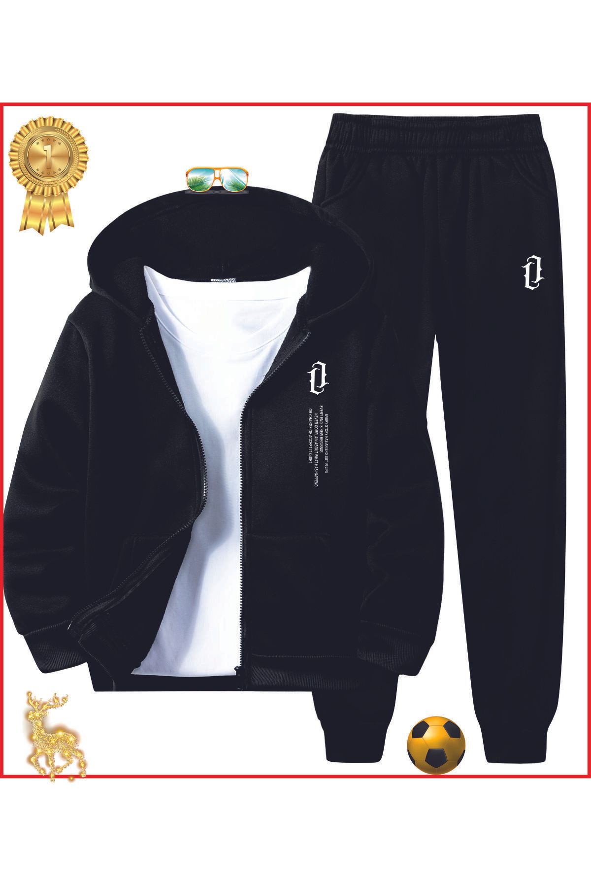 HOFFNUNG-Full Hoodie Love Letter Black Printed Tracksuit Set 1