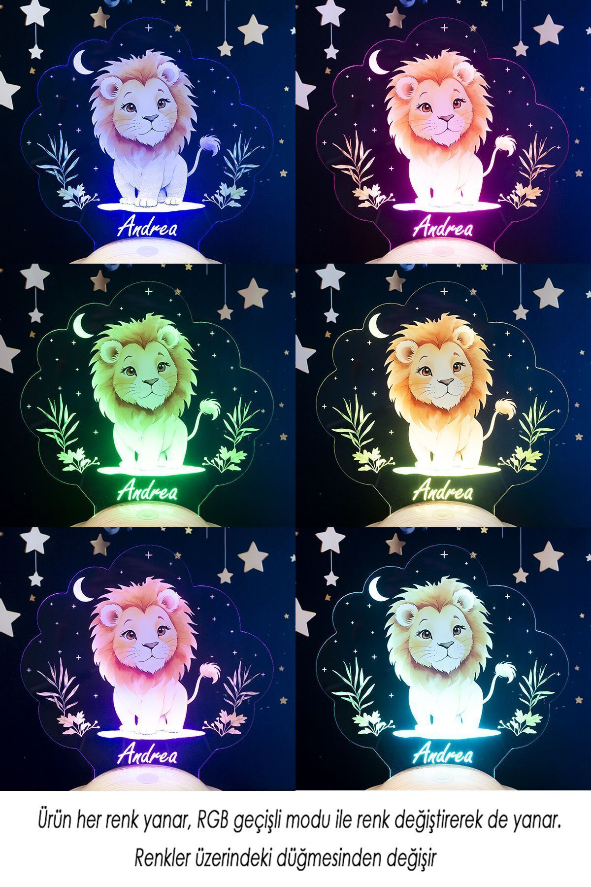 SEVGİLAMBASI Sevimli Aslan Tasarımlı İsimli Çocuk Odası Gece Lambası, Aslan Bebek Doğum Günü Hediyesi Led Lamba fotoğrafı 6 (önizleme)