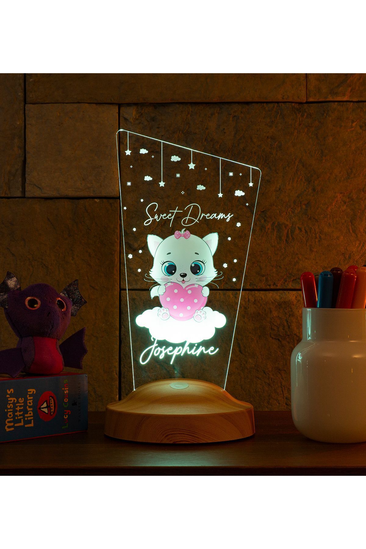 SEVGİLAMBASI Pembe Kitty Kedicik Bebek Odası Gece Lambası, Kız Çocuklara Özel Hediye, Kedi Tasarımlı Led Lamba fotoğrafı 3 (önizleme)
