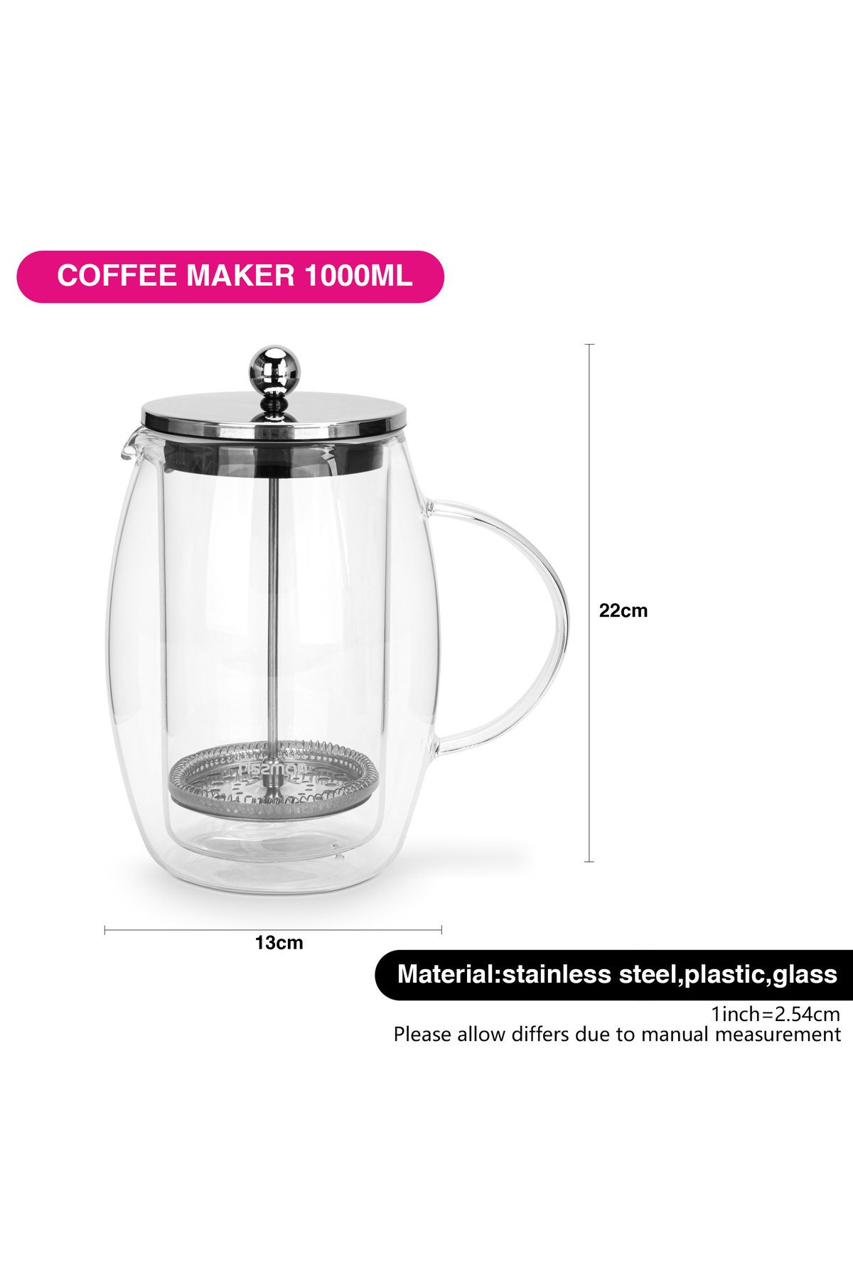 Fissman-1-Liter French Press Coffee Maker, Double Wall Borosilicate Glass BPA Free, Dishwasher Safe 4