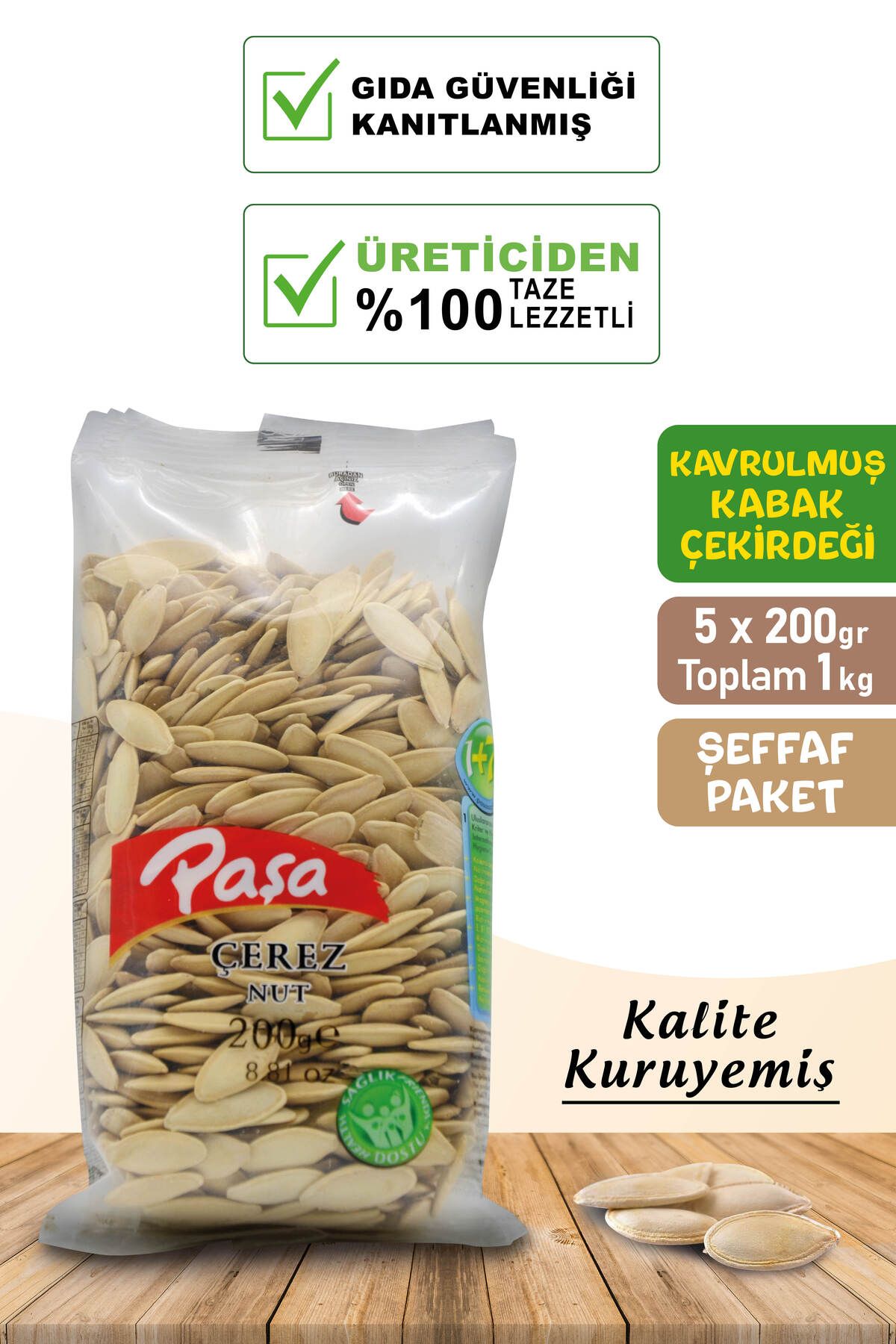 Paşa Kuruyemiş Kavrulmuş Kabak Çekirdeği 200 gr X 5 Adet (ŞEFFAF PAKET - TOPLAM 1 KG)