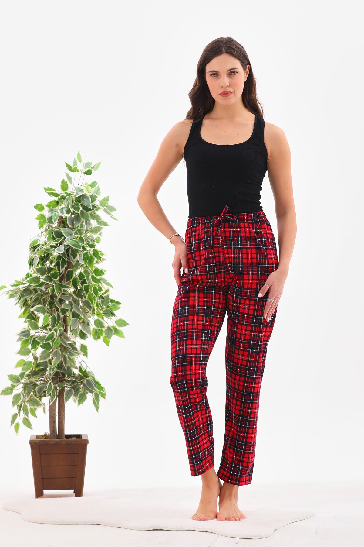 Arvin Pijama-Red Plaid Printed Cotton Unisex Relaxed Pajama Bottoms 3