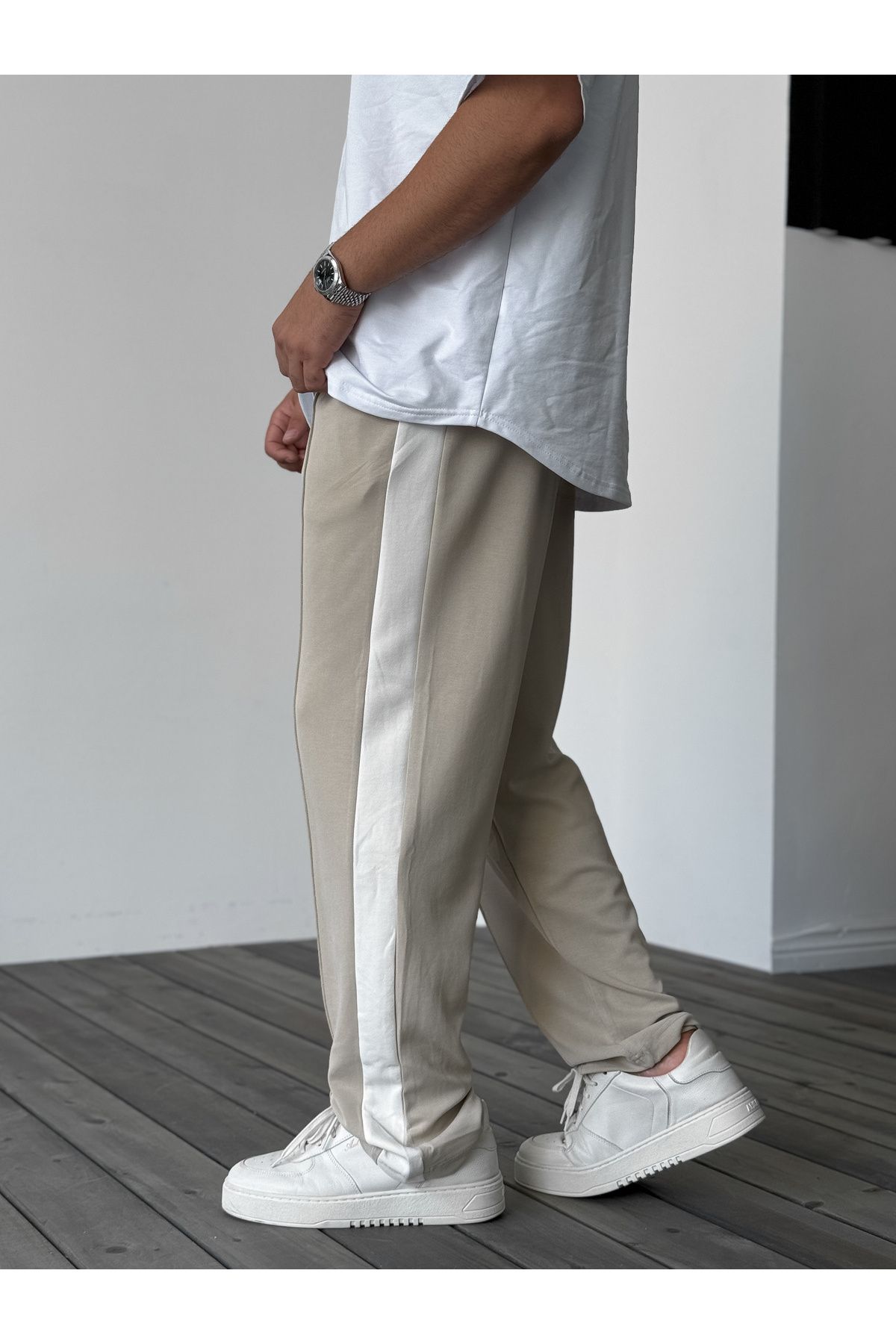 BYBASICMAN-Beige Stripe Stitched Tracksuit Ers-0303 5