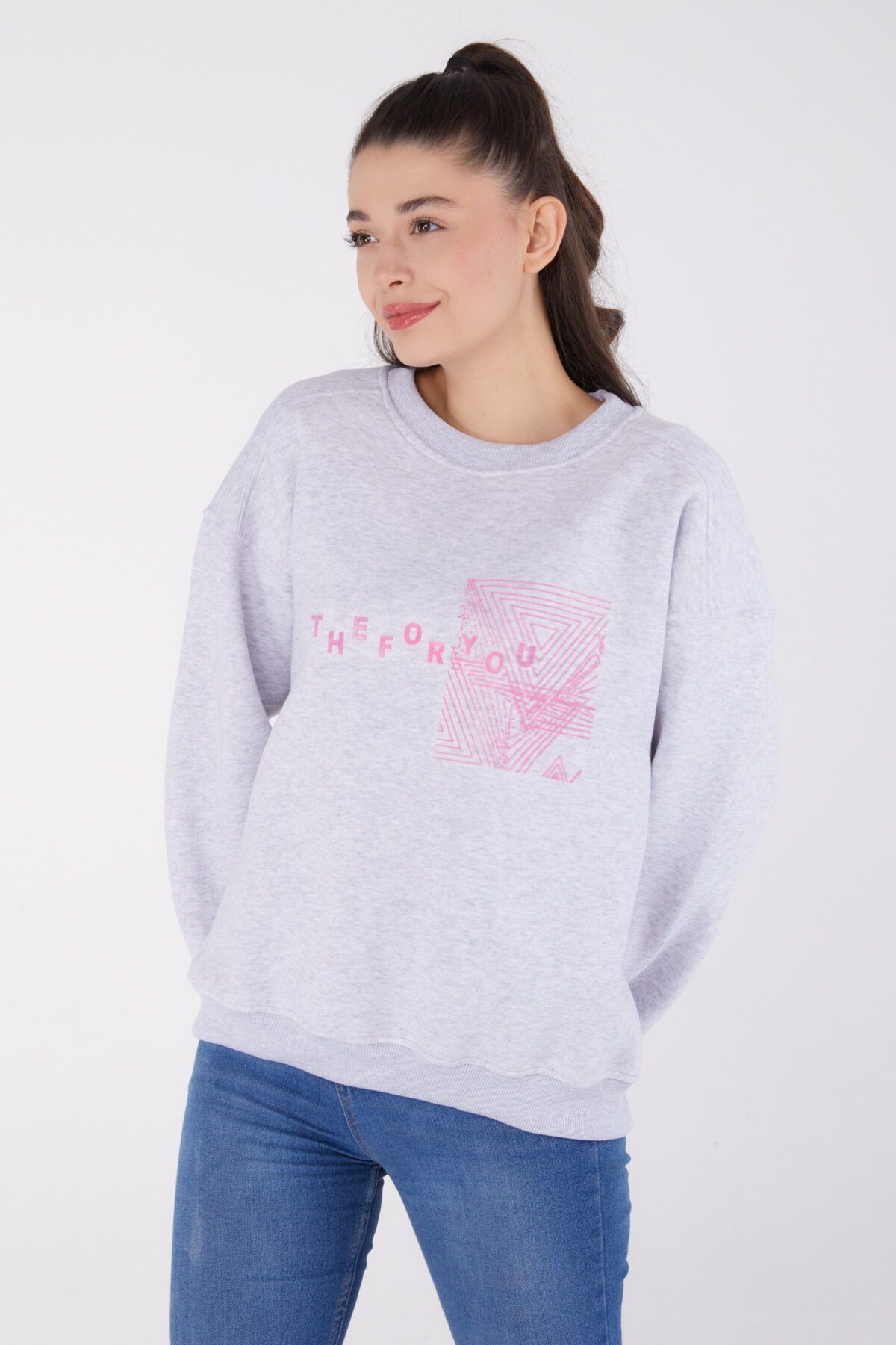 TOFİSA-Plain Crew Neck Women's Gray Printed Sweatshirt - 26473 3