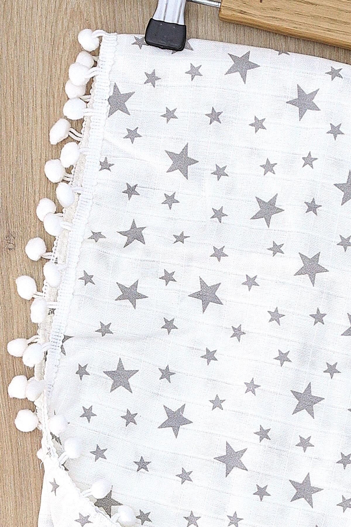 Sitilin-Star Patterned Pompom Muslin Swaddle - Baby Girl and Boy Double Layer Blanket Stl6909 4