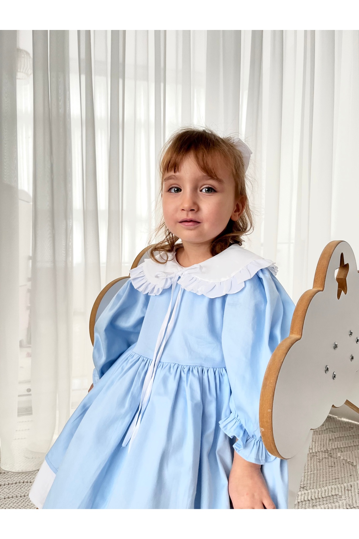 Baby Berry Baby store Kız Bebek Çocuk Bebe Yakalı Fiyonklu Elbise-Mavi (Fiyonk Çıkarılabilir) fotoğrafı 3 (önizleme)