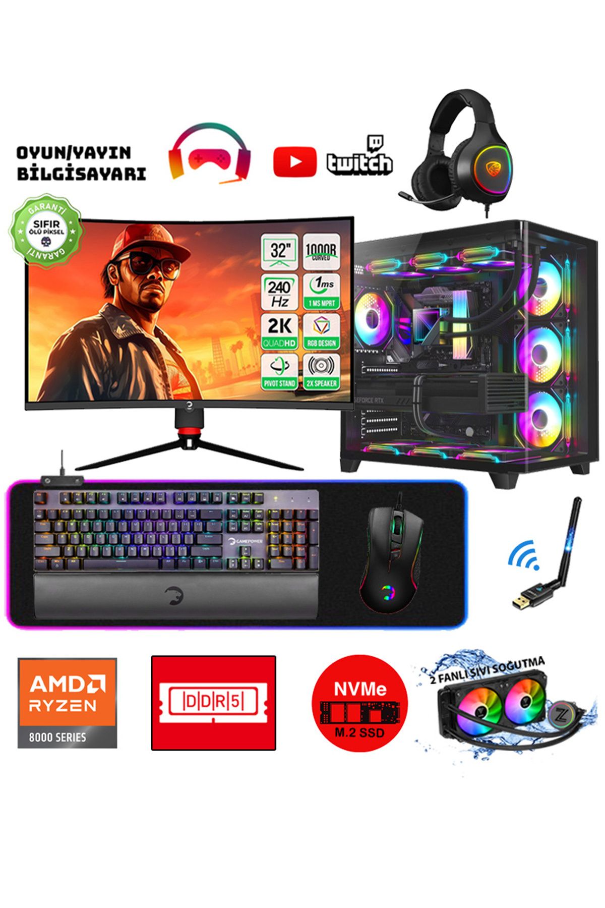 Atlantik RX10 Ryzen 5 8400F 16GB DDR5 Ram 1TB M.2 SSD 8GB RX580 32" 240Hz Oyuncu Masaüstü Bilgisayar