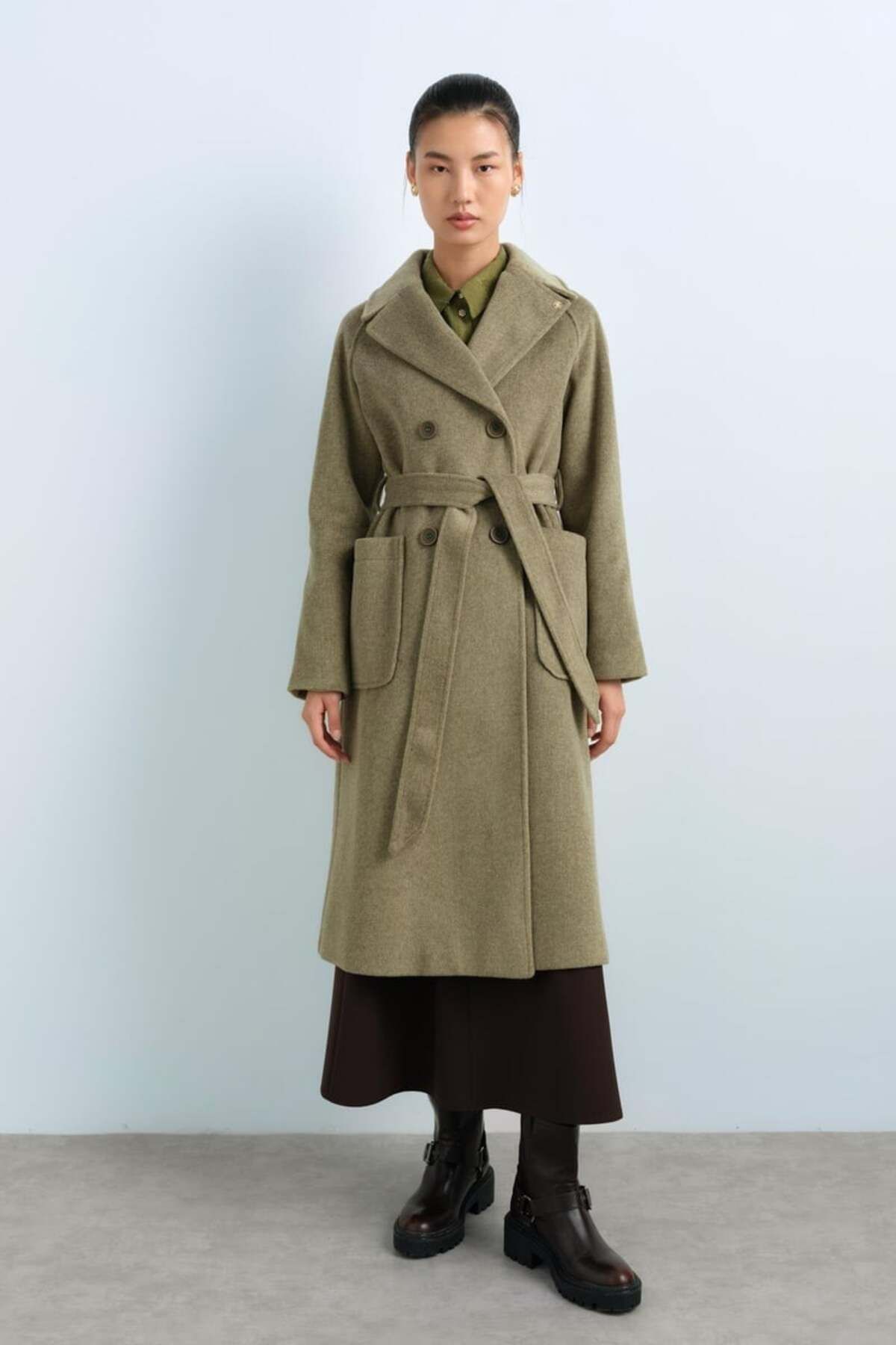 Nihan-Double Breasted Closure Belted Coat - Khaki 3