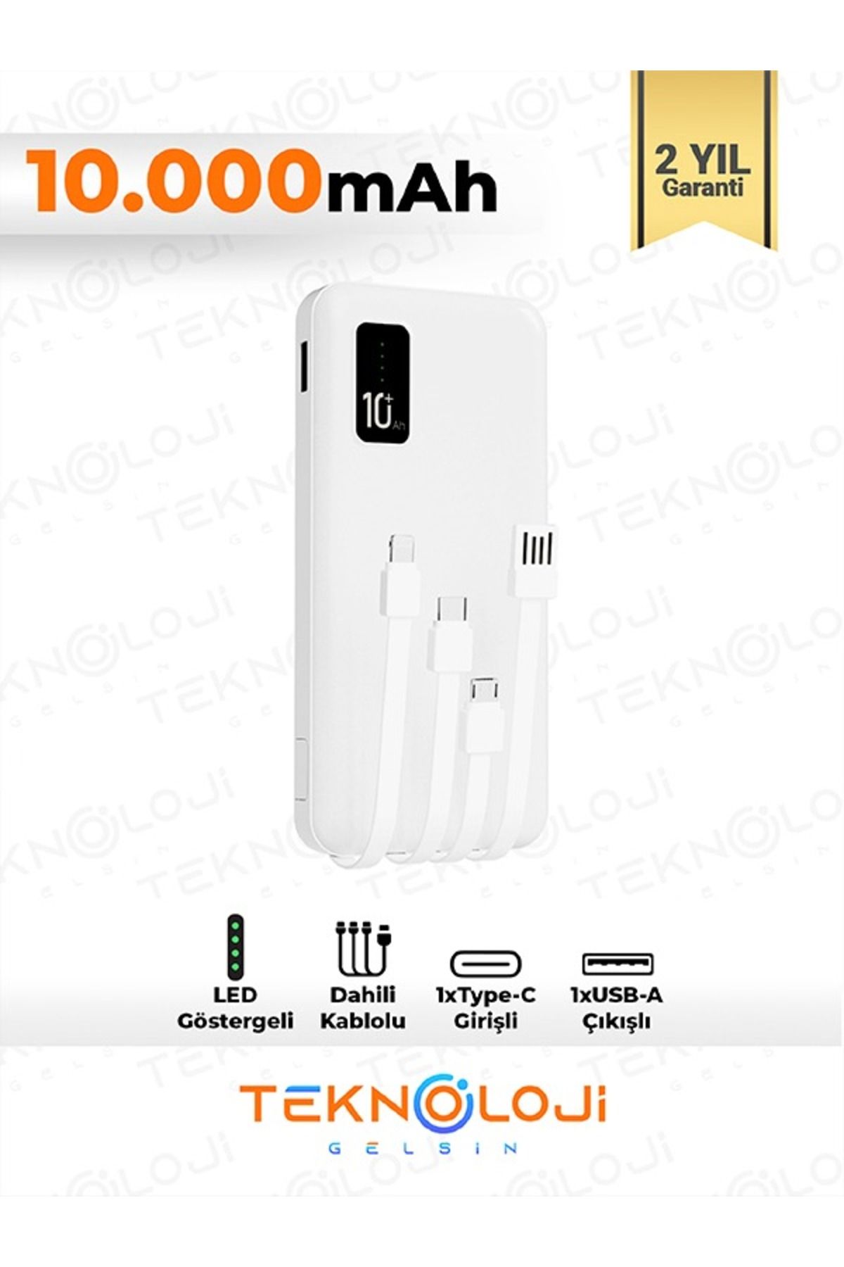 Teknoloji Gelsin 10.000 mAh Powerbank ElFenerli Dijital Led Gösterge Kendinden Kablolu Taşınabilir Şarj Aleti 4 Çıkış