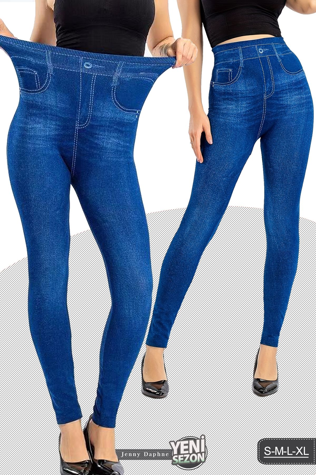 Jenny Daphne-Pantaloni din denim Jeny Daphne, cu aspect de pluș în interior, cu aspect de buzunar, jambiere din lycra înălțate 1