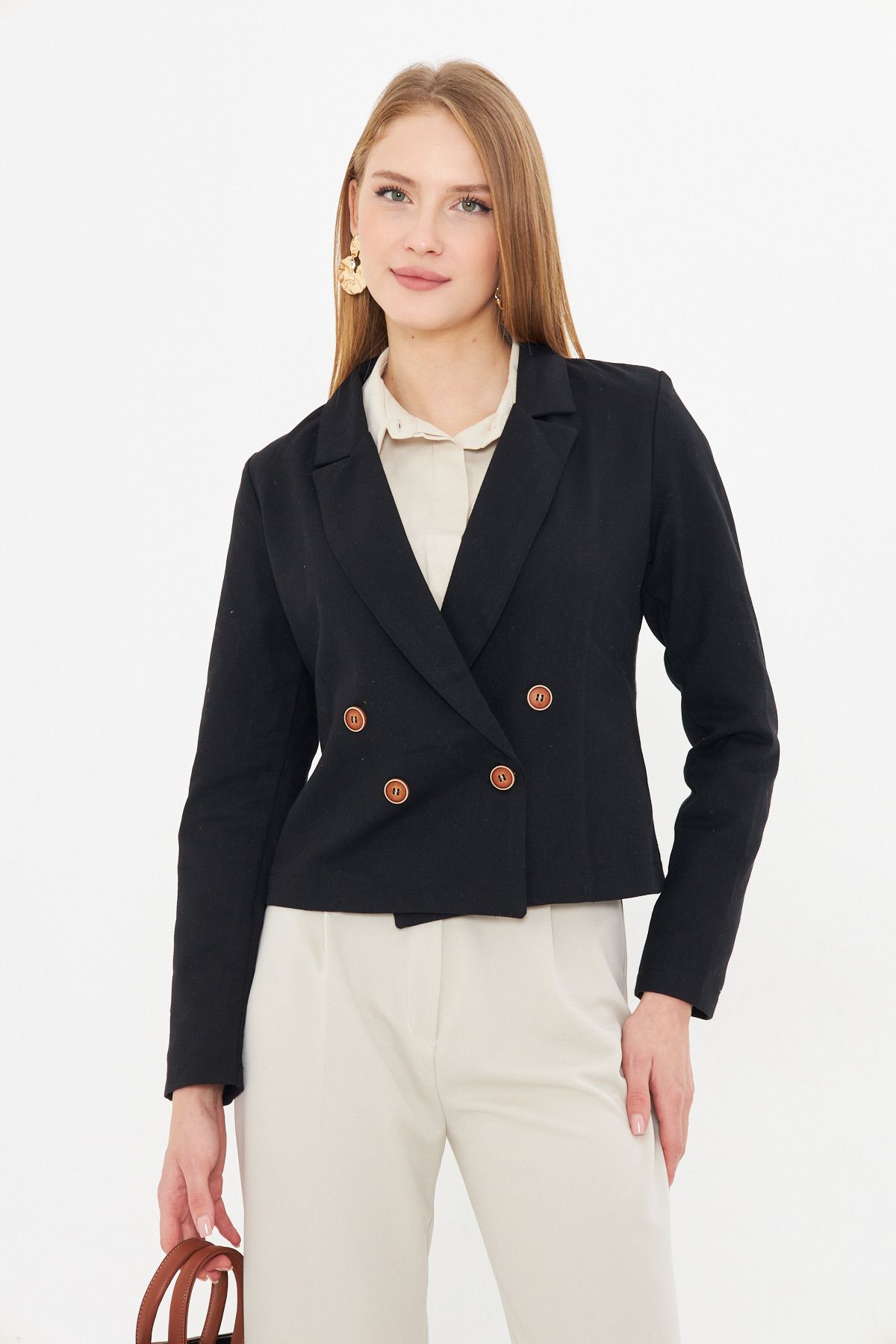 armonika-Women's Black Double Breasted Collar Gabardine Crop Jacket ARM-24Y001010 3