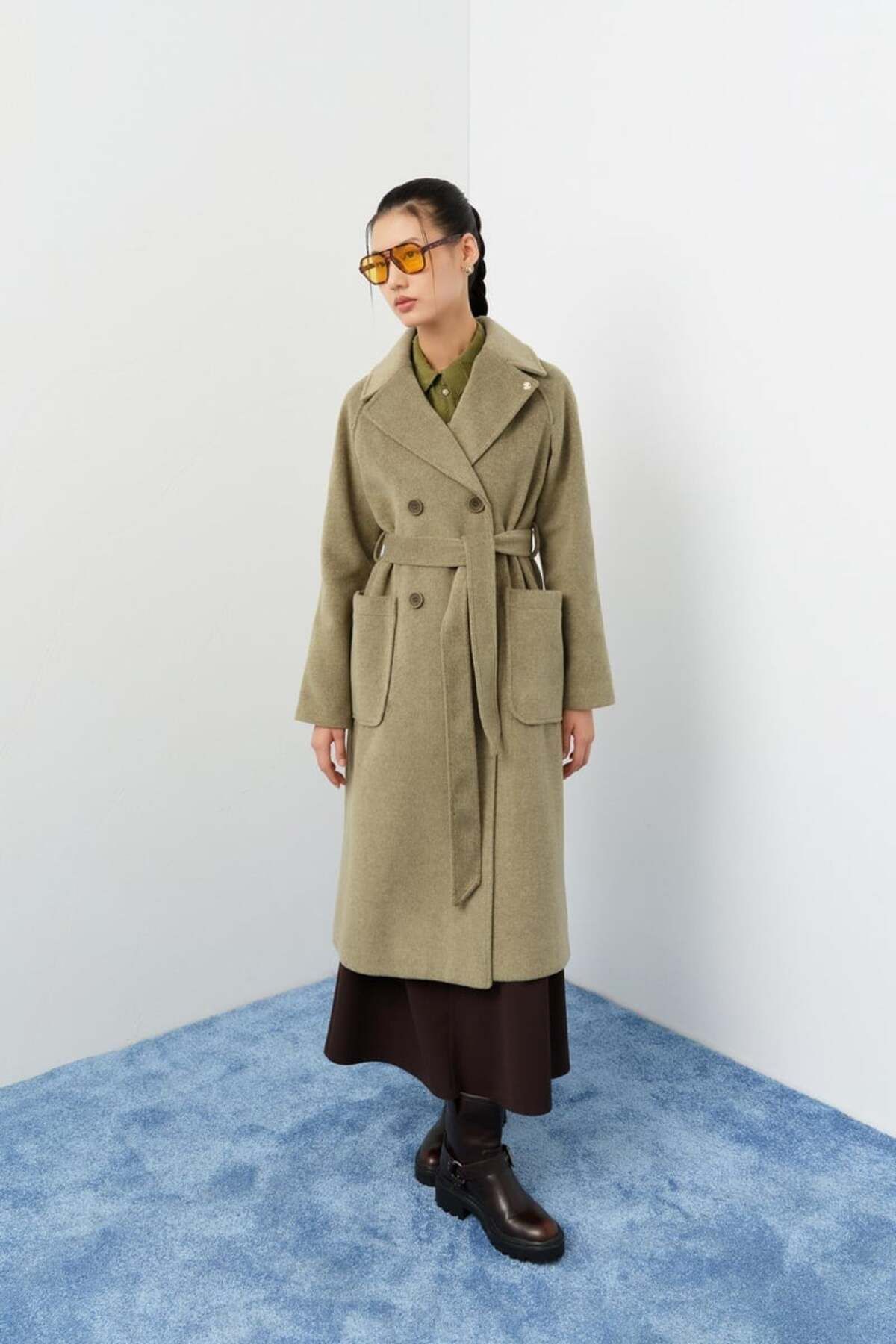 Nihan-Double Breasted Closure Belted Coat - Khaki 1