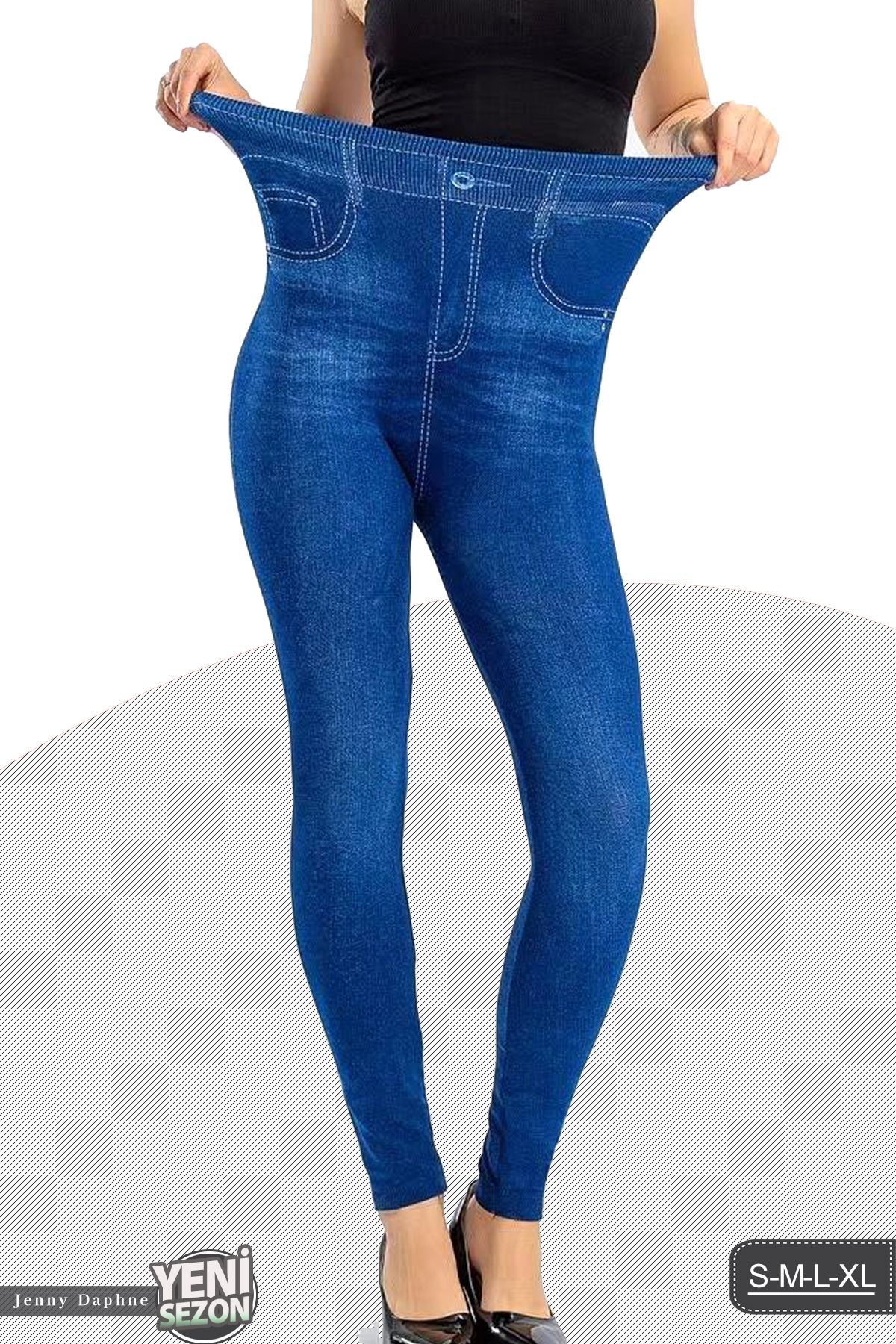 Jenny Daphne-Pantaloni din denim Jeny Daphne, cu aspect de pluș în interior, cu aspect de buzunar, jambiere din lycra înălțate 4