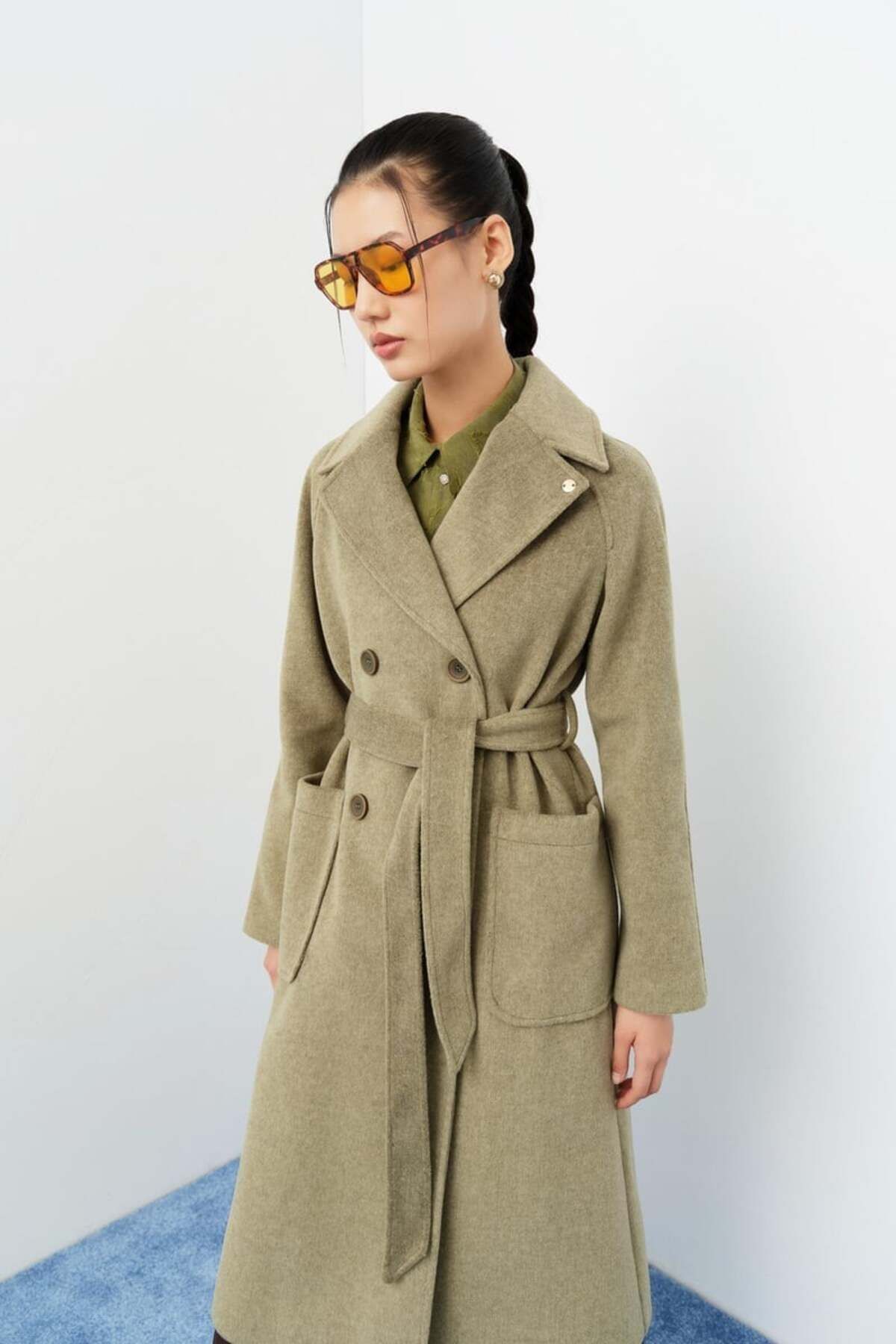 Nihan-Double Breasted Closure Belted Coat - Khaki 2