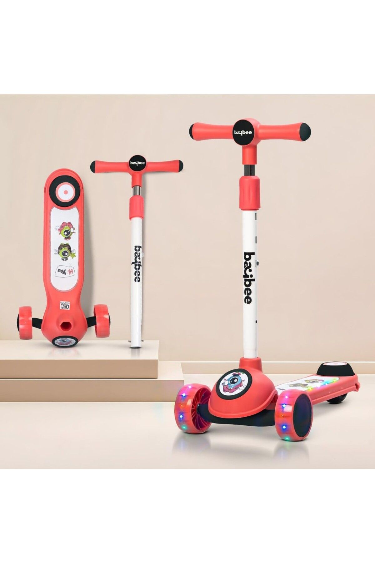 BAYBEE Sonic Skate Scooter, 3 Tekerlekli, Ayarlanabilir ve LED Tekerlekli