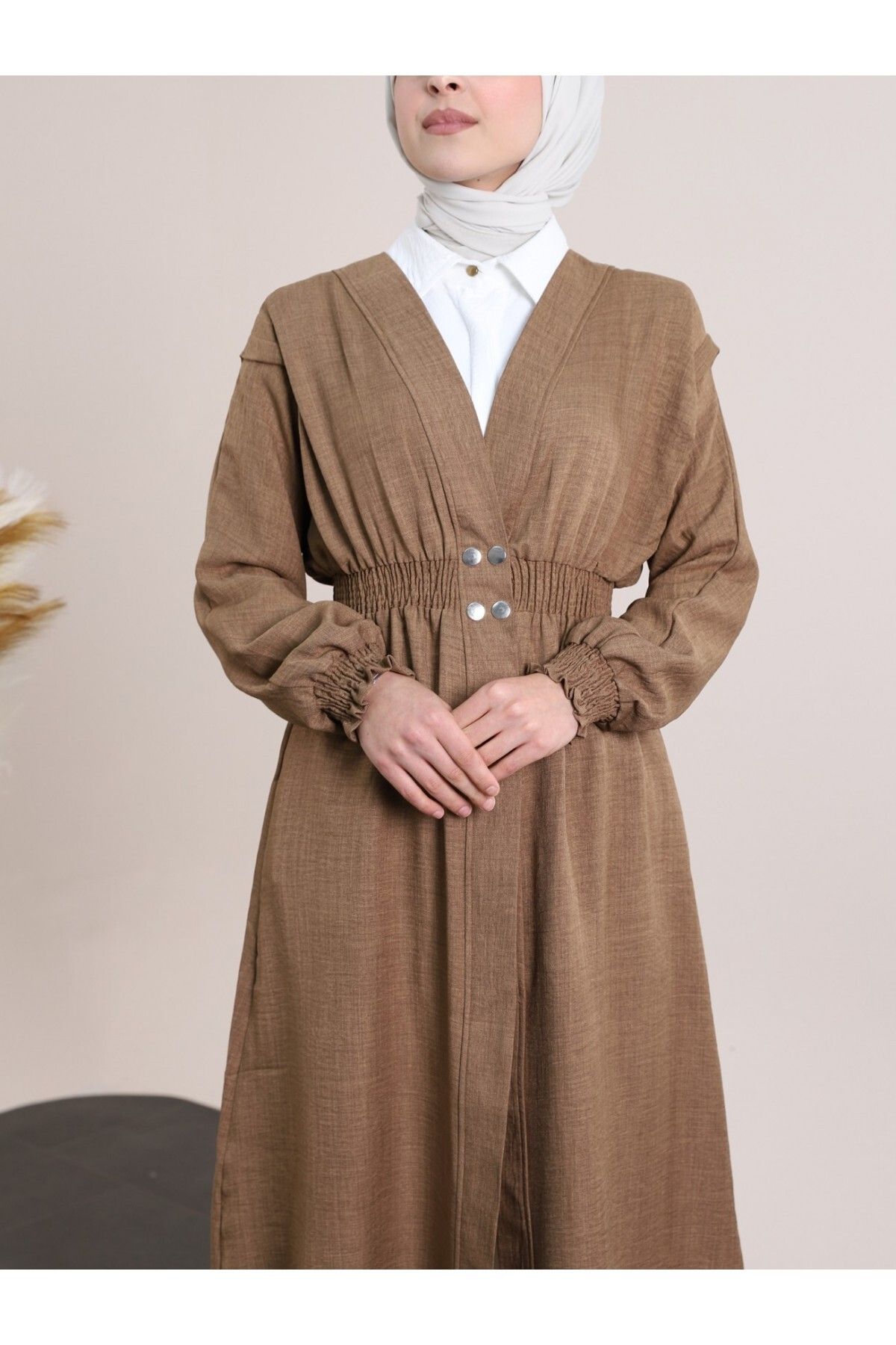 Modamorfo-Snap Fastener Linen Cap with Elastic Sleeves and Waist - Light Brown 5