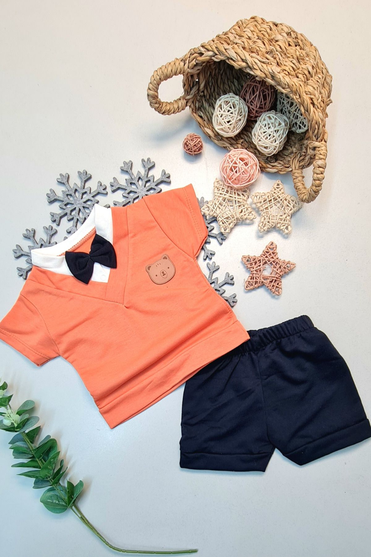 Easy Tedarik-Baby Boy Bow Tie Short Sleeve Summer Stylish Top and Bottom Set Orange 1