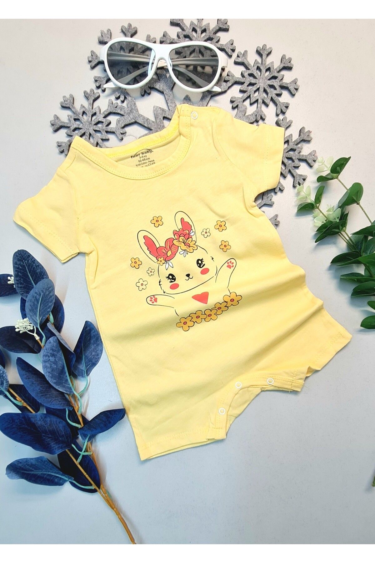 Easy Tedarik Bebek Yazlık Kısa Kol Şort Tek Parça Çıtçıtlı Tulum Zıbın %100 Pamuk Sarı Çiçekli