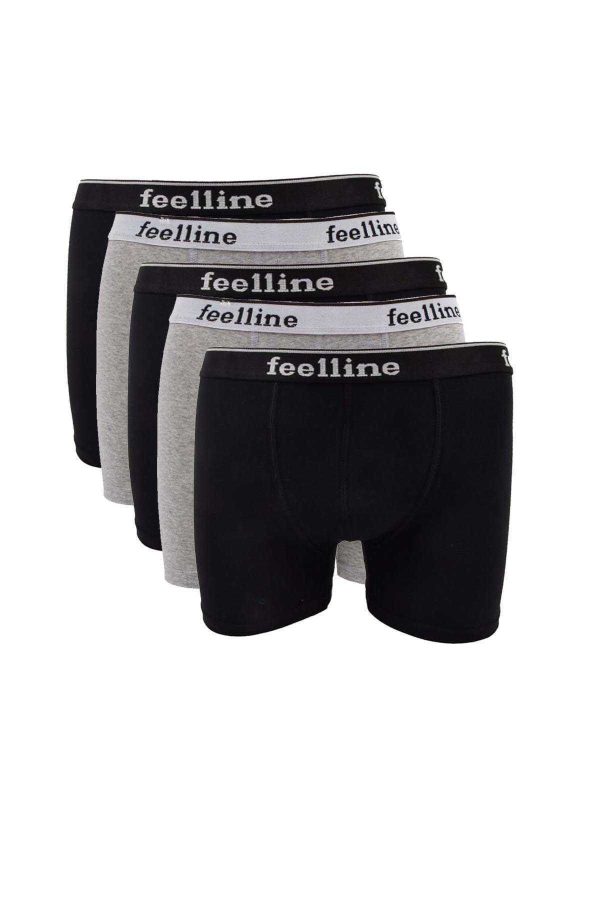 Easy Tedarik 5 adet Feelline Siyah ve Gri Pamuklu Doğal Likralı Erkek Boxer