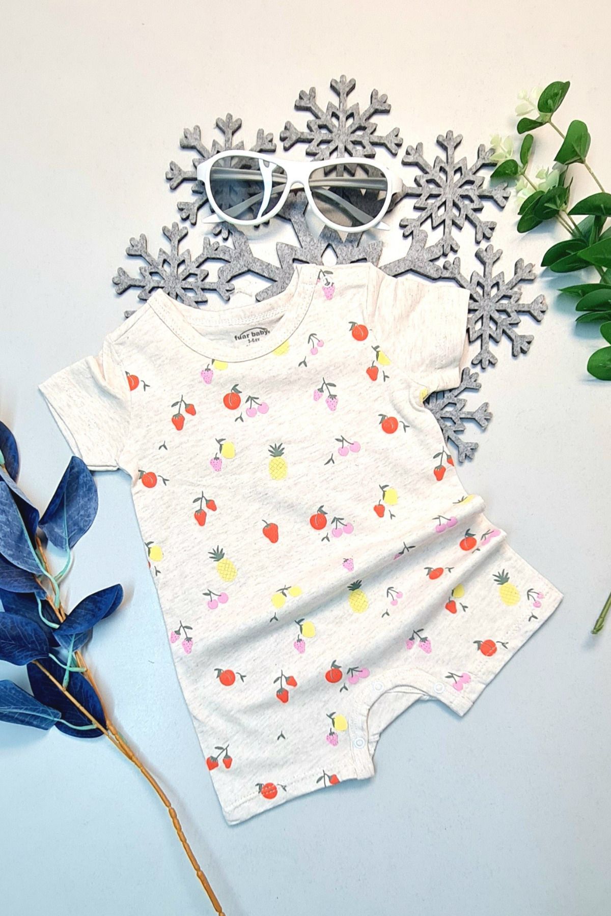 Easy Tedarik Bebek Yazlık Kısa Kol Şort Tek Parça Çıtçıtlı Tulum Zıbın %100 Pamuk Çilek Ananas Kiraz