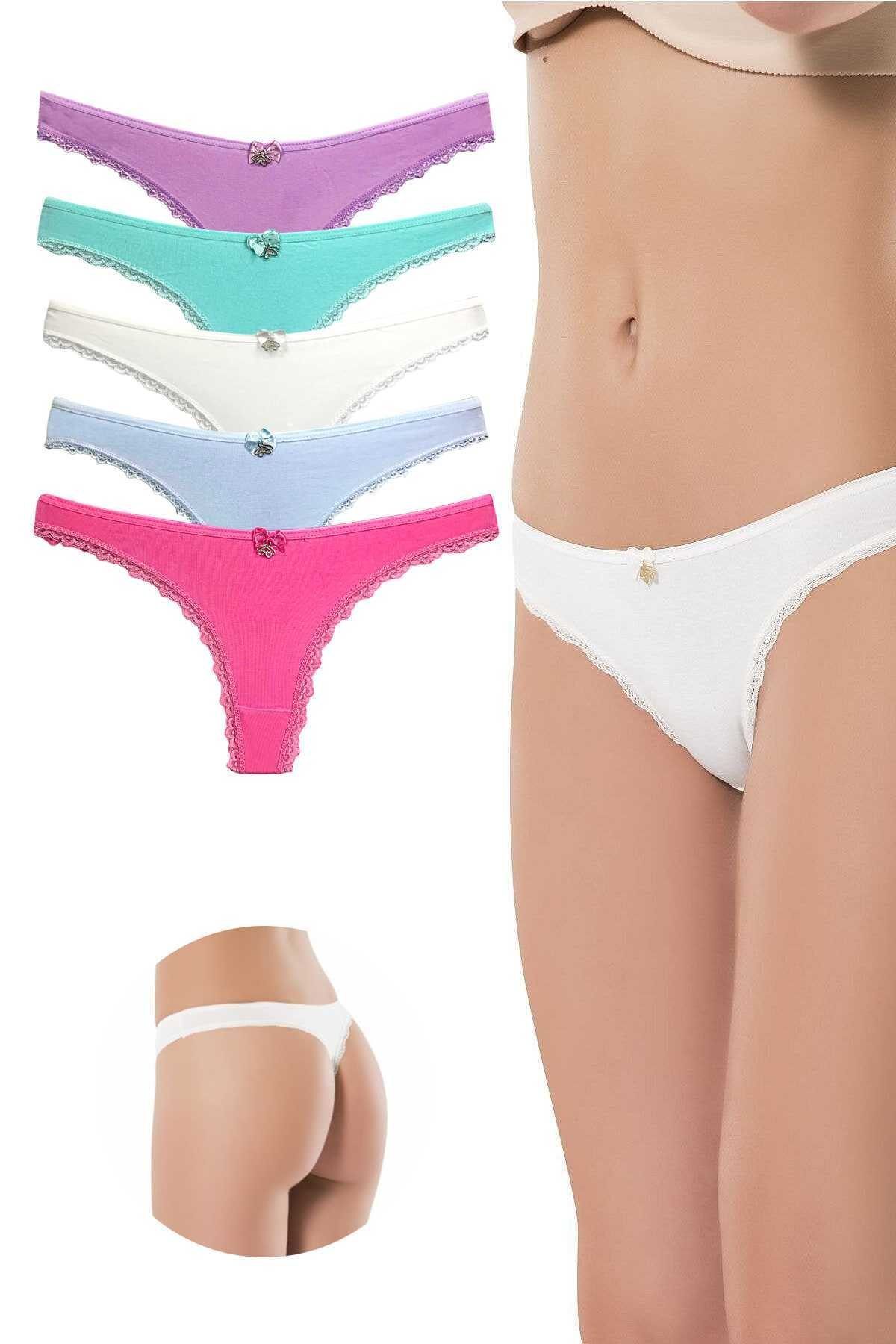 Easy Tedarik 5 Adet Pamuklu Kadın Klasik Dantelli String Tanga