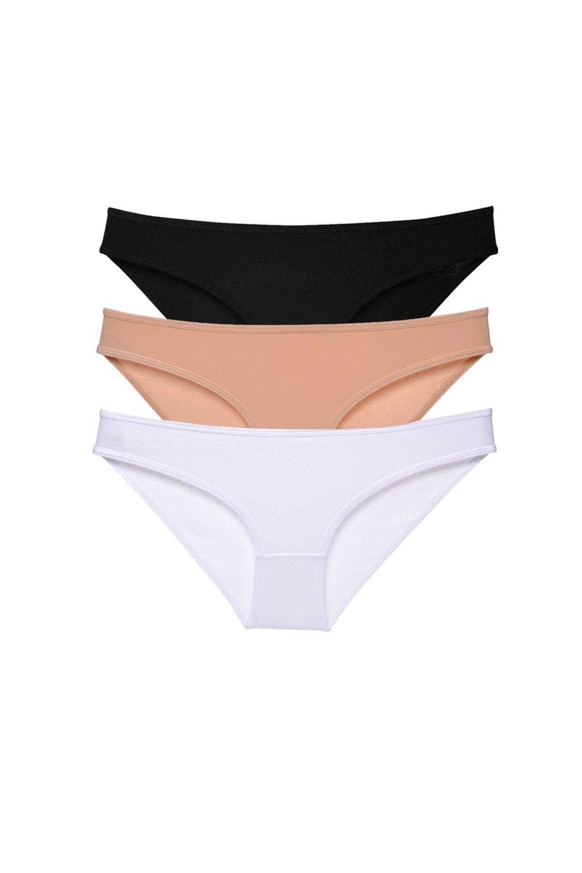 Easy Tedarik 3 adet Süper Eko Set Likralı Kadın Slip Külot Siyah Ten Beyaz
