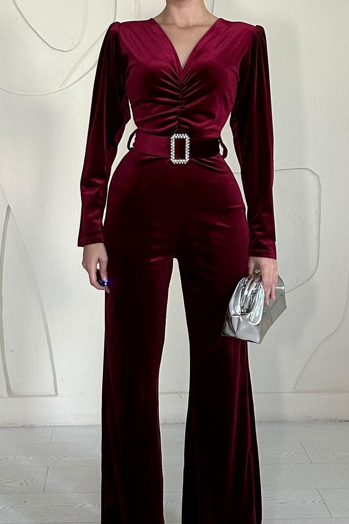 Elbee Fashion Woman-Red Velvet Jumpsuit - with Belt 2