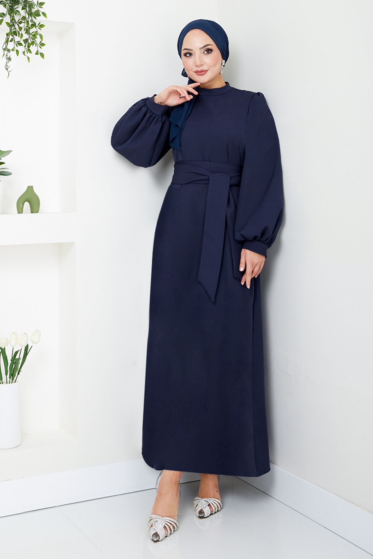 ModaMerve-Hijab Evening Dress Balloon Sleeves - 5527End900-M Navy 2