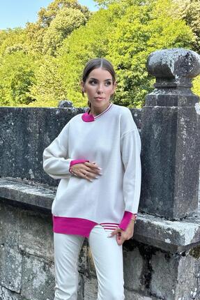 Elbee Fashion Woman Yaka Ve Manşet Garnili Triko Kazak