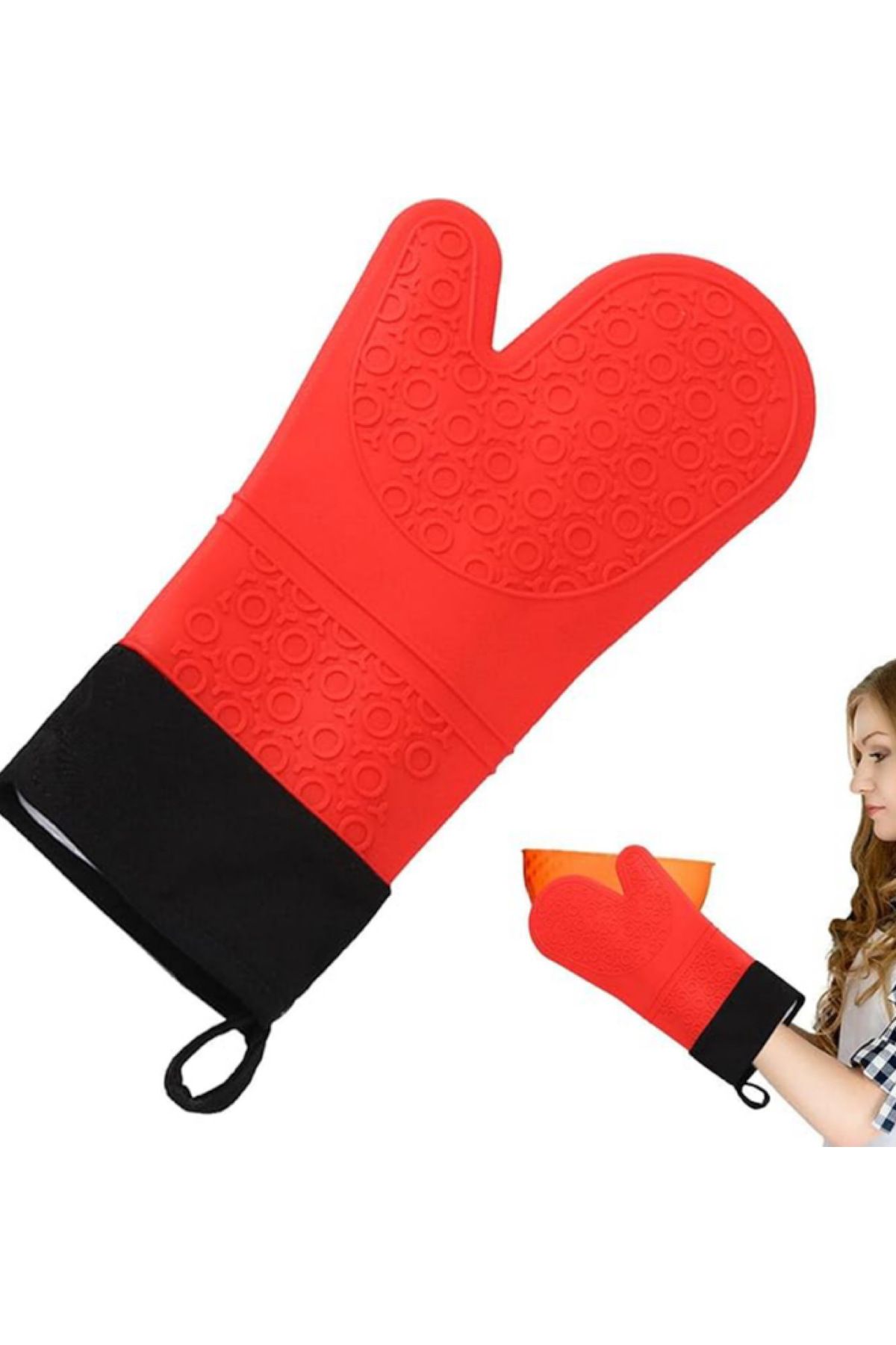 MİS KİTCHEN-1 Piece Silicone Fireproof Non-Stick Oven Gloves - Color Red-Black 1