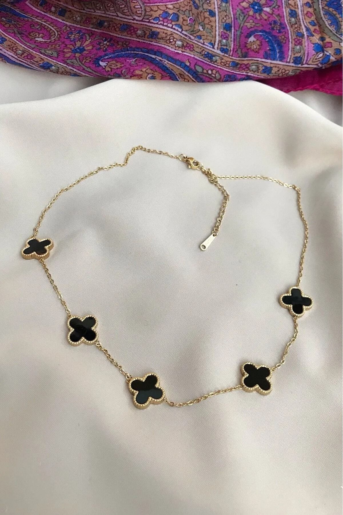 stainles steel-Steel Women's Black Gold Clover Clover Necklace 1