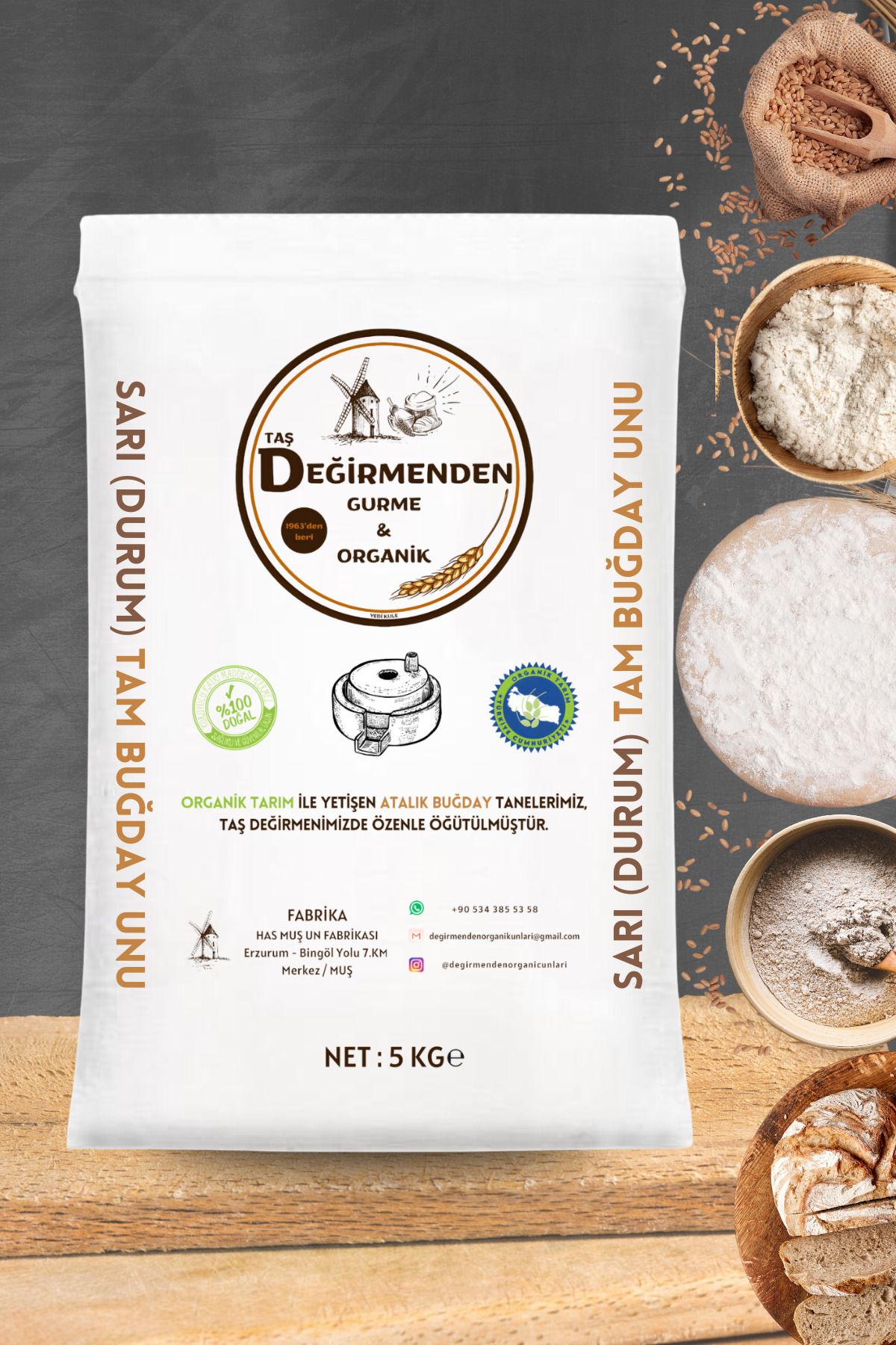 Değirmenden Organik Atalık Sarı Durum Tam Buğday Unu - 5 Kilo