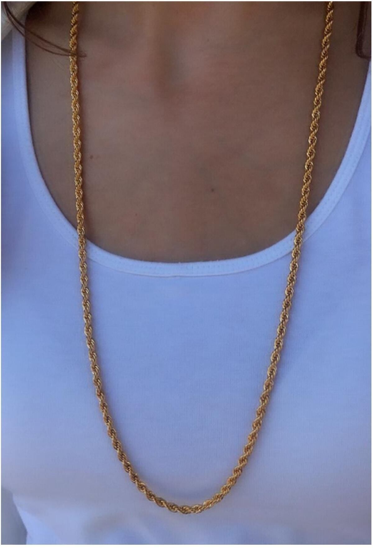 JEWELRY Kadın Altın Sarısı Kalın Uzun Çelik Burgu Zincir