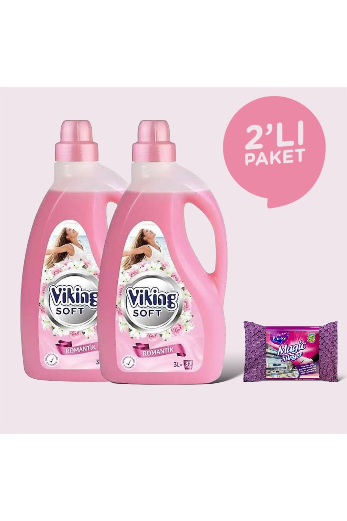 Viking Çamaşır Yumuşatıcı 2 Adet Romantik 3 Litre + Magic Sünger