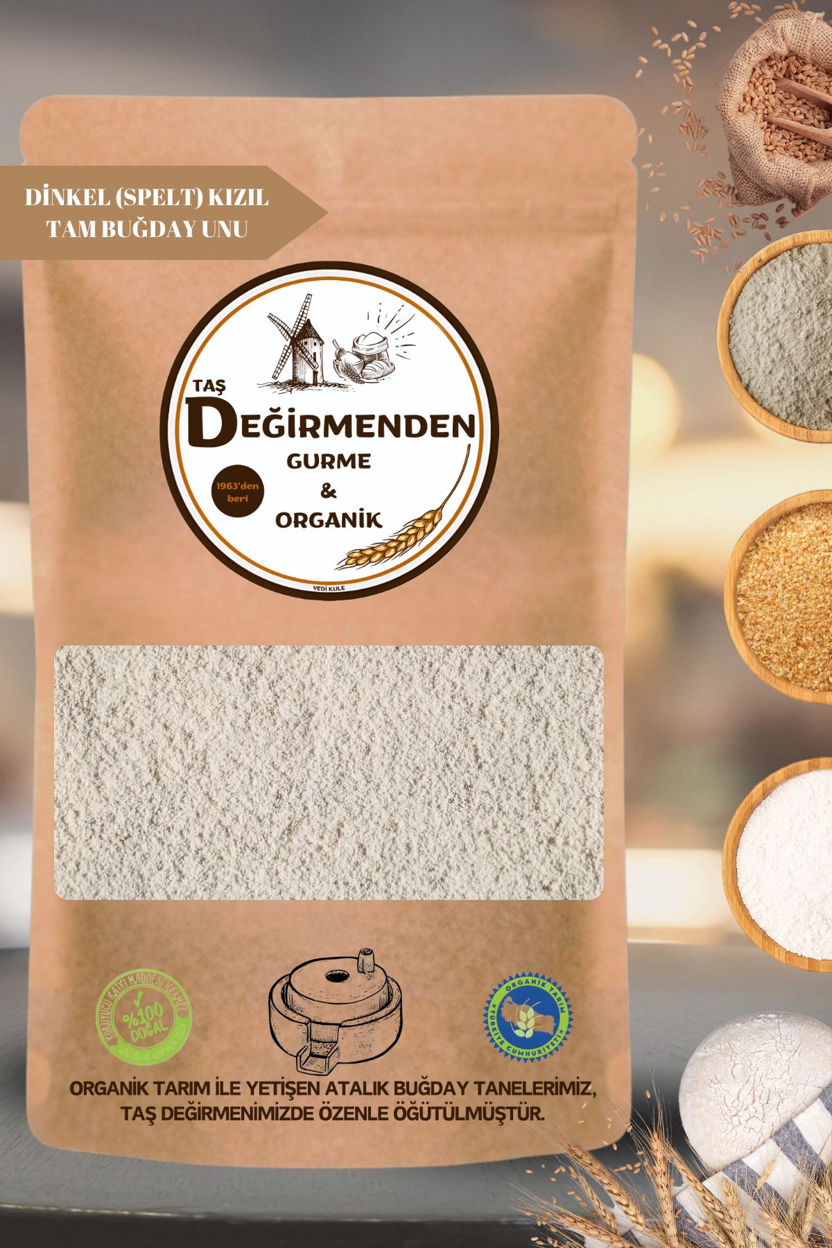 Değirmenden Organik Atalık Dinkel Spelt Kızıl Tam Buğday Unu - 1 Kilo