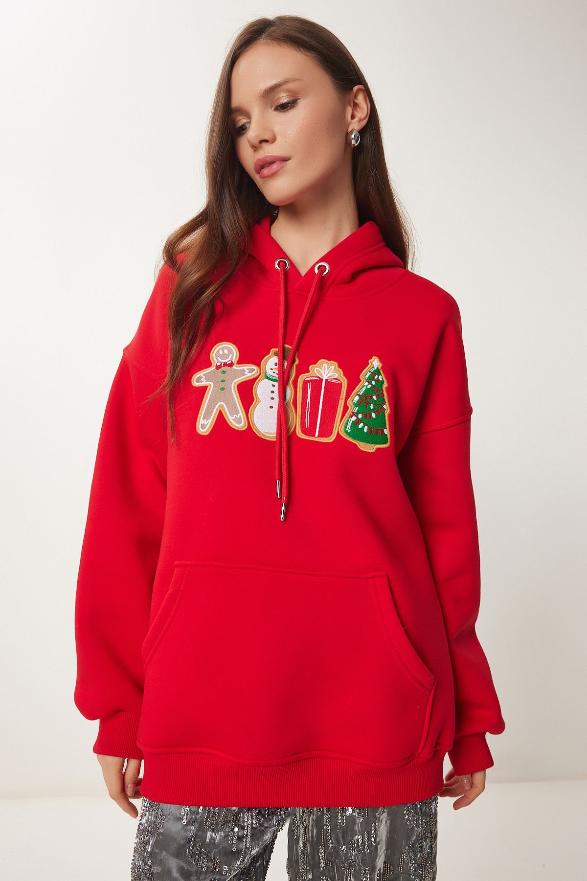 Lovelyİstanbul-New Year's Themed Knitted Sweatshirt with Hood - Red Ltq0002 3