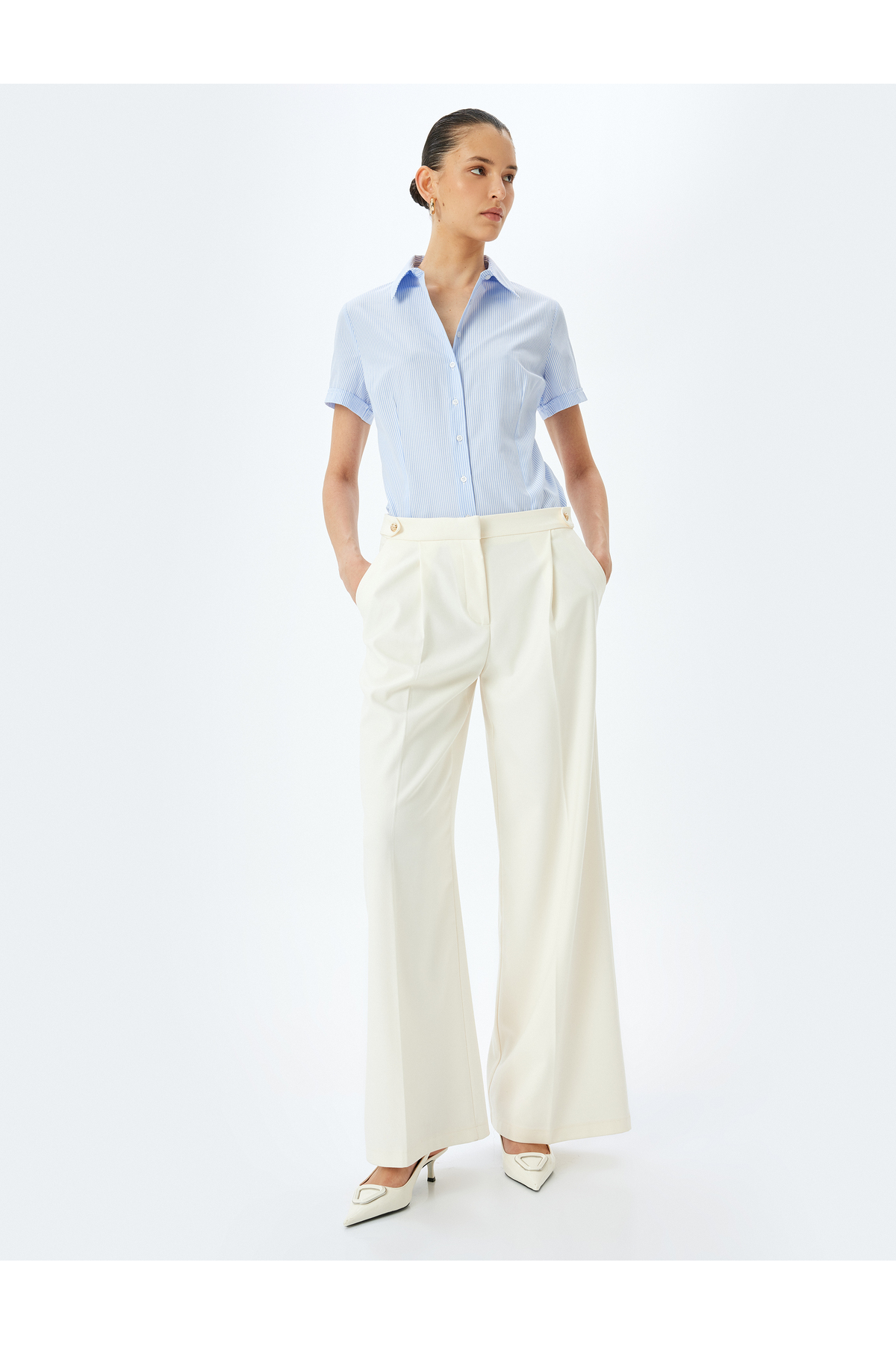 Koton  Klasik Yaka Çizgili Kısa Kollu Poplin Gömlek - Görsel 2