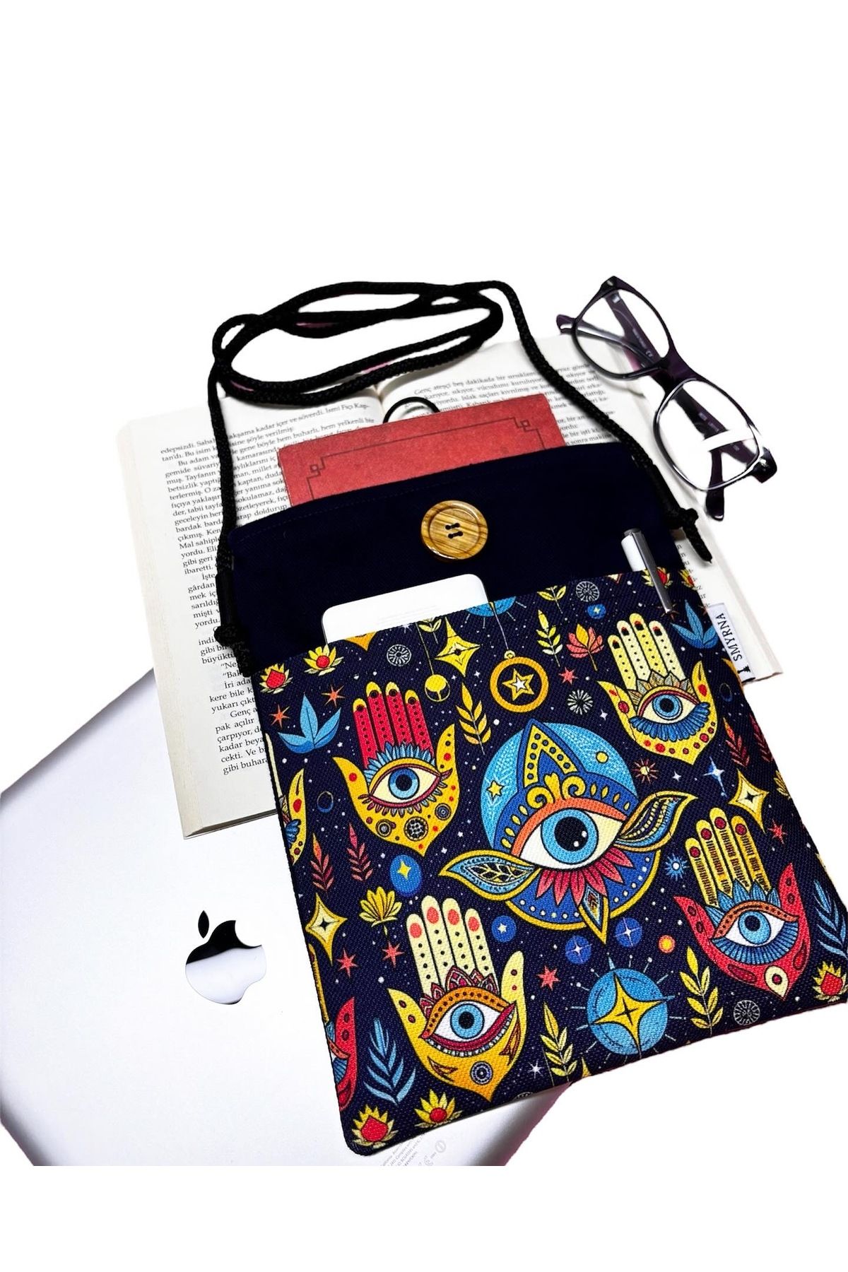 Smyrna-Hanging - Book / Tablet / Ebook Bag - Removable Strap (Hamsa, Eye, Color) 2
