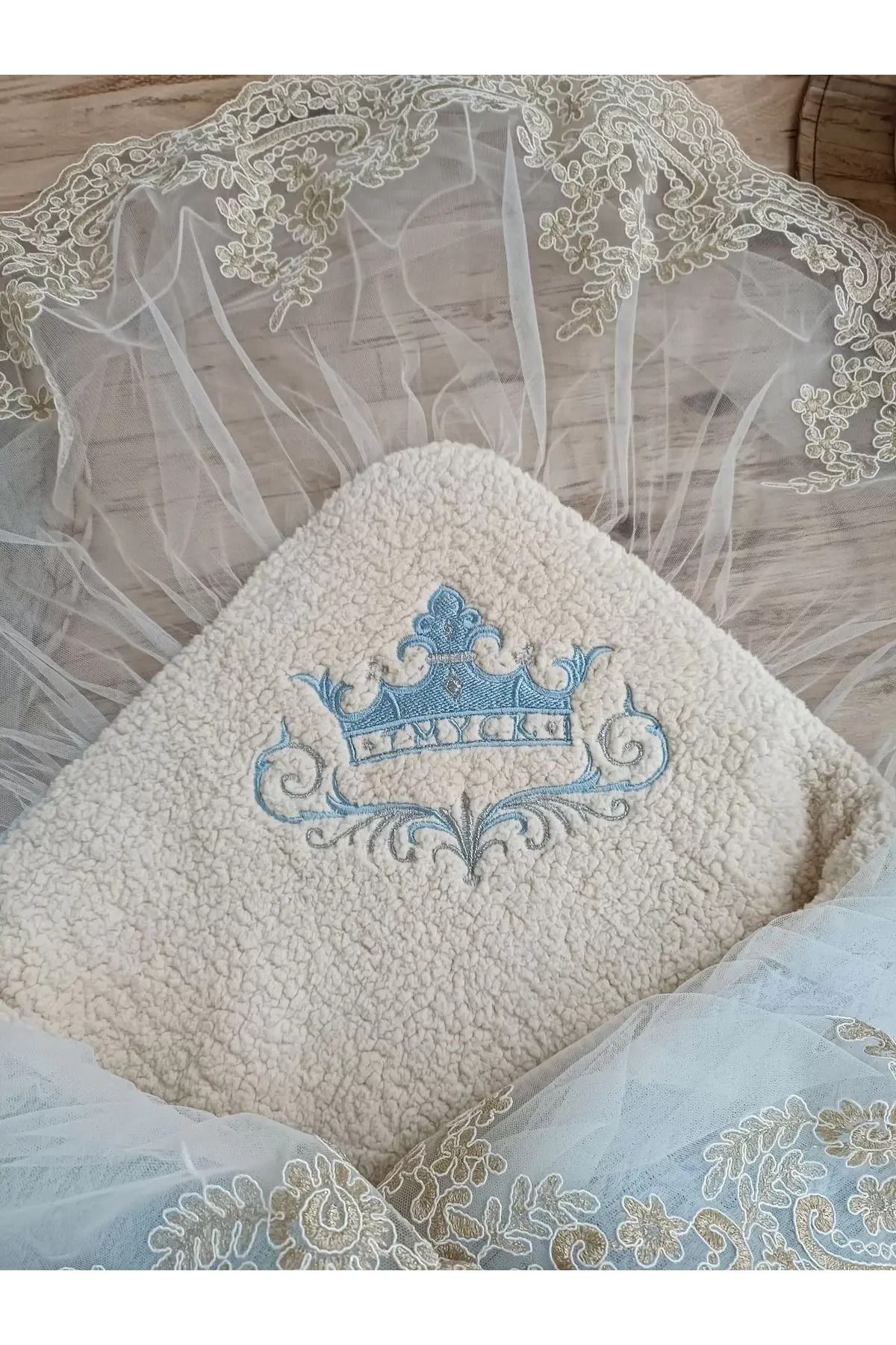 SİMULACRA-Newborn Lamb Crown Embroidery Guipure Bow Veiled Prism Stone Unisex Swaddle Baby Blanket Blue 6