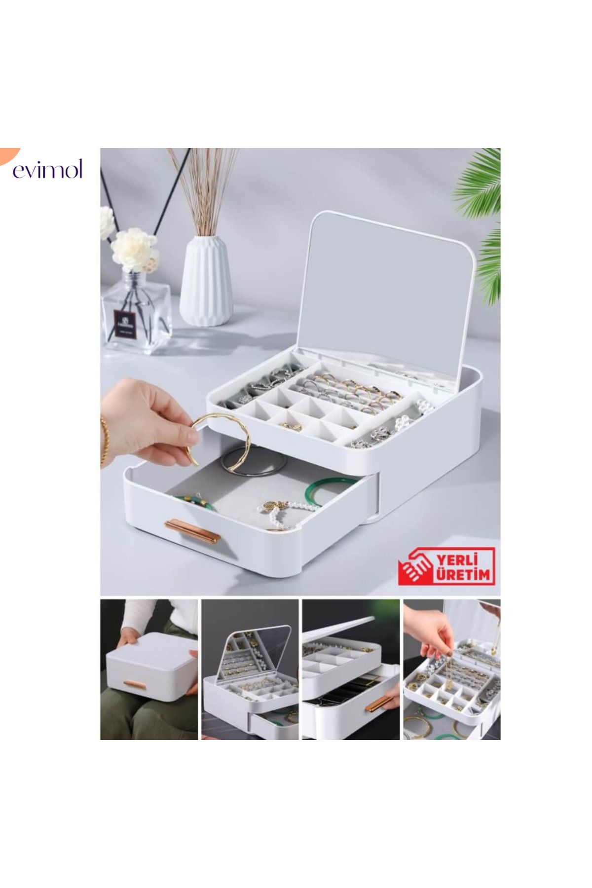 EVİMOL-Evimol Multi-Compartment Makeup Jewelry Organizer with Drawers and Mirror (20X22 & H:8.5Cm) 1