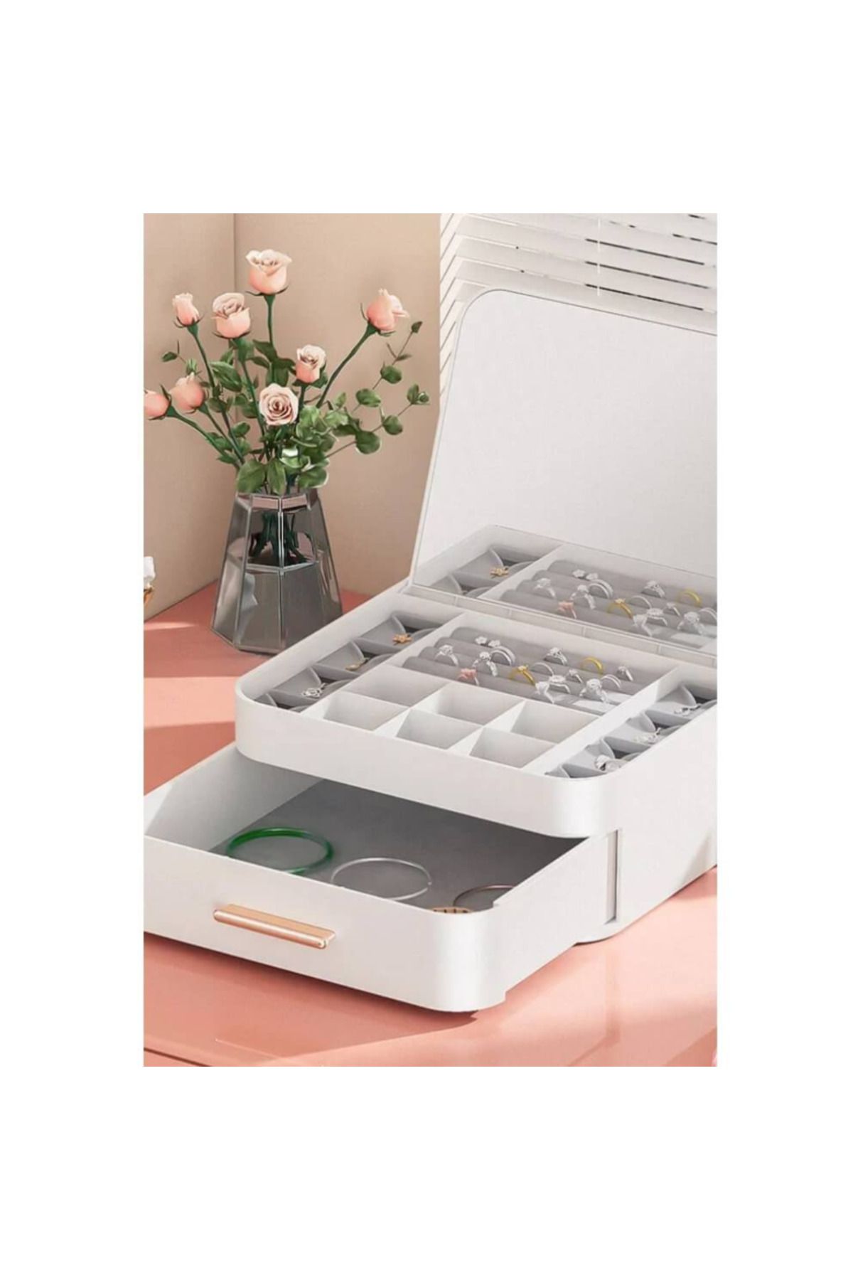 EVİMOL-Evimol Multi-Compartment Makeup Jewelry Organizer with Drawers and Mirror (20X22 & H:8.5Cm) 6