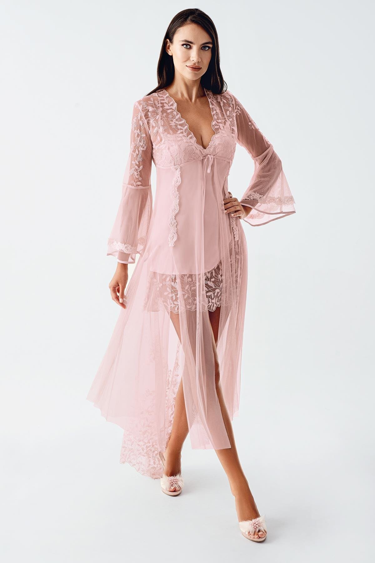 İmaj İmaj 4200 Pudra Renk Saten Gecelik 2li Takım