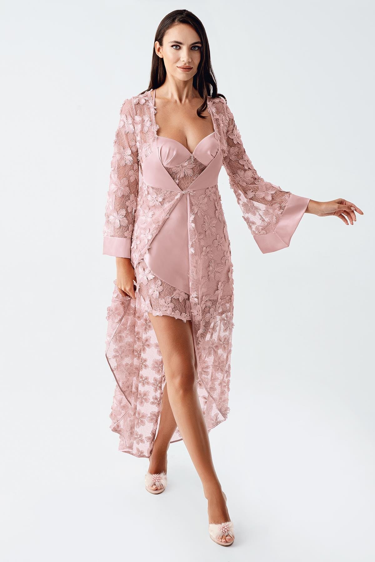 İmaj 2410 Pudra Renk Saten Dantel İşlemeli 2li Gecelik Takımı