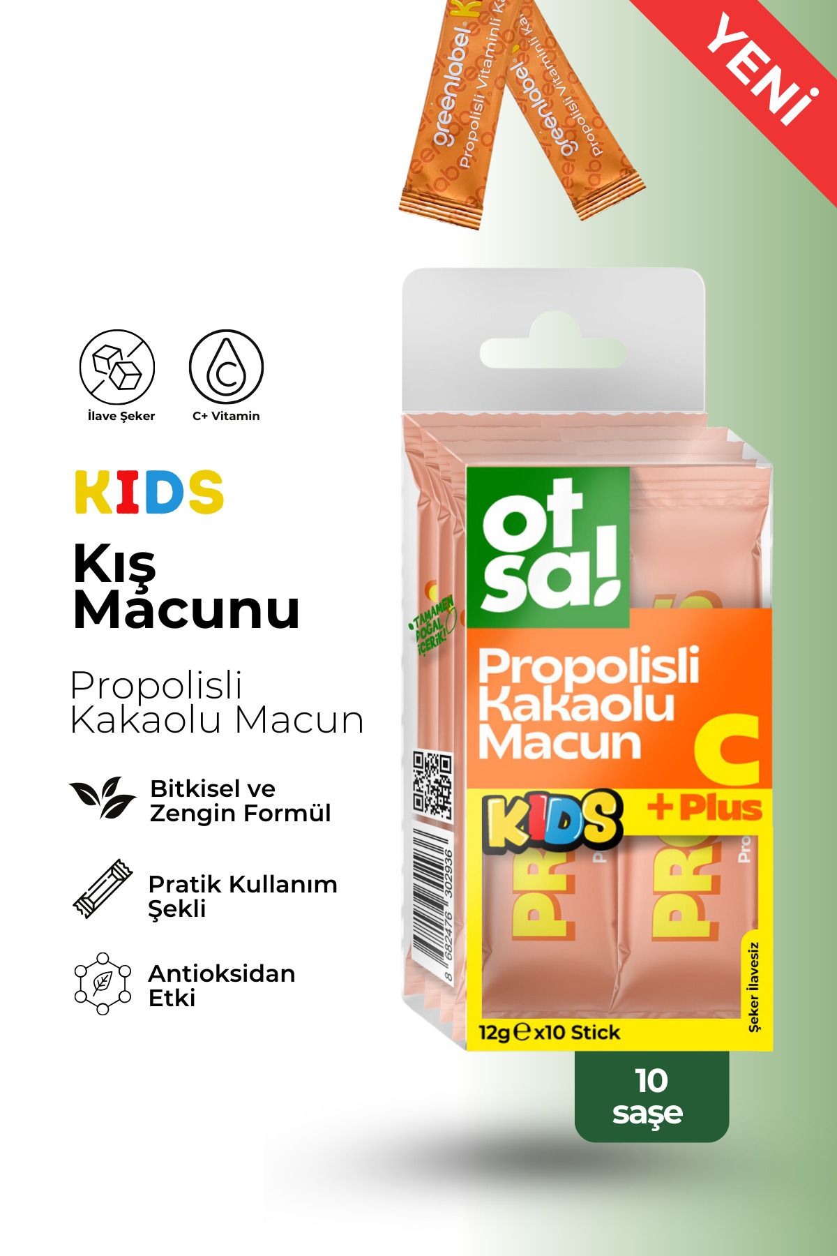 Green Label Otsa Kids Kış Macunu Stick 12g X 10 Adet - Ballı, Propolisli, Kakao Aromalı