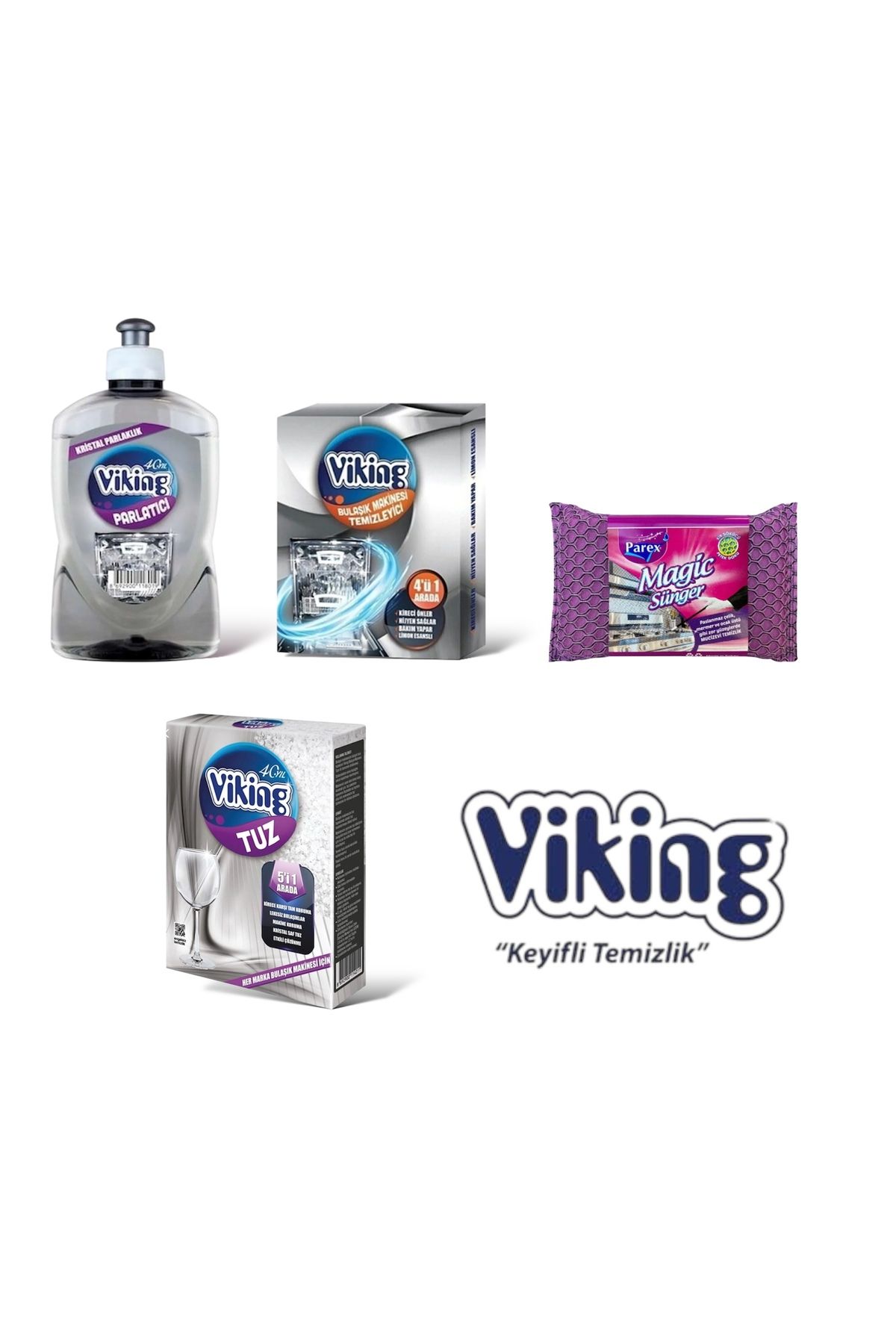 Viking Bulaşık Makinesi 1,5 Kg Tuz Makine Temizleyici Toz 450 ml Parlatıcı 3 Lü Set Magic Sünger