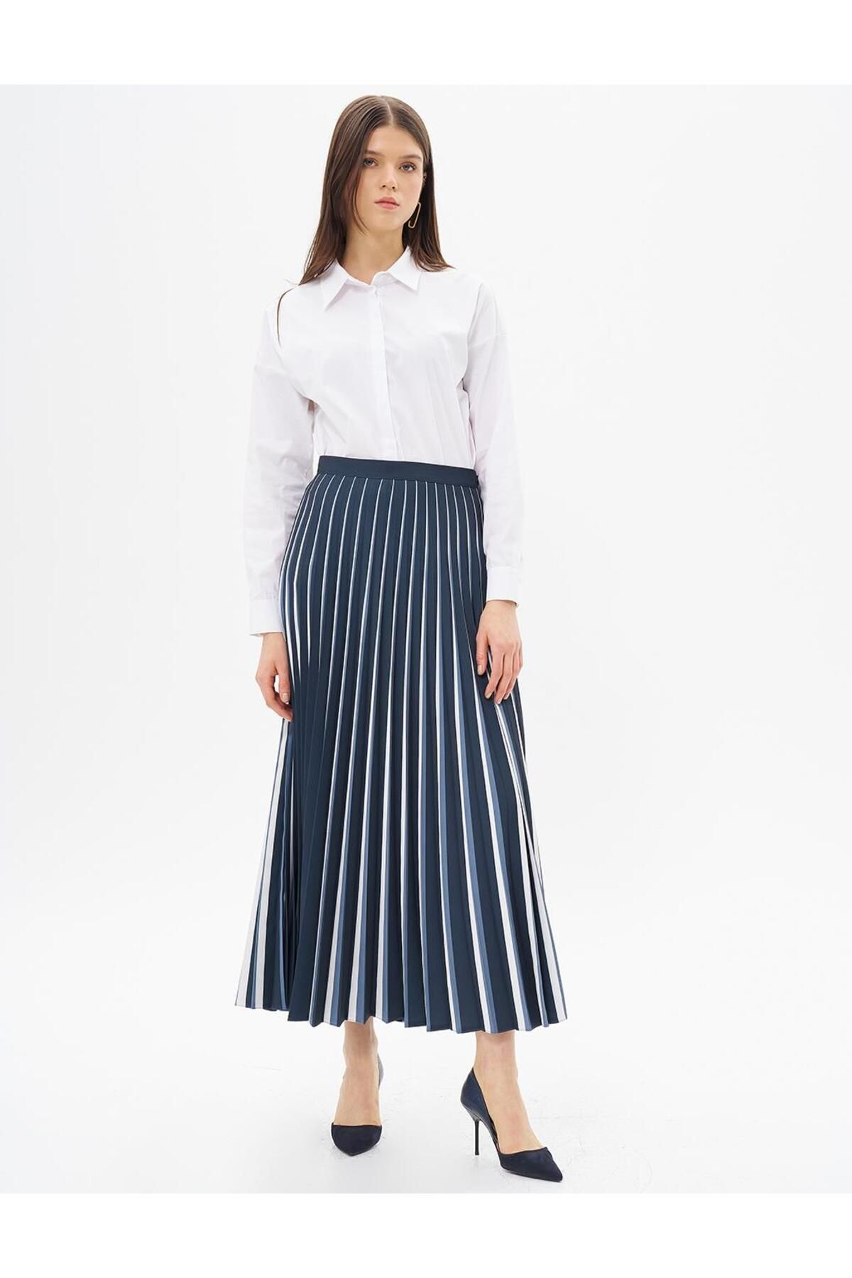 Kayra-Stripe Print Detailed Pleated Skirt Navy Blue-Grey 2