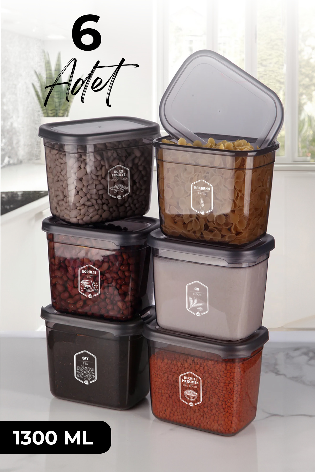 Kitchen Life 6'lı Antrasit Moly Dikdörtgen Saklama Kabı Seti