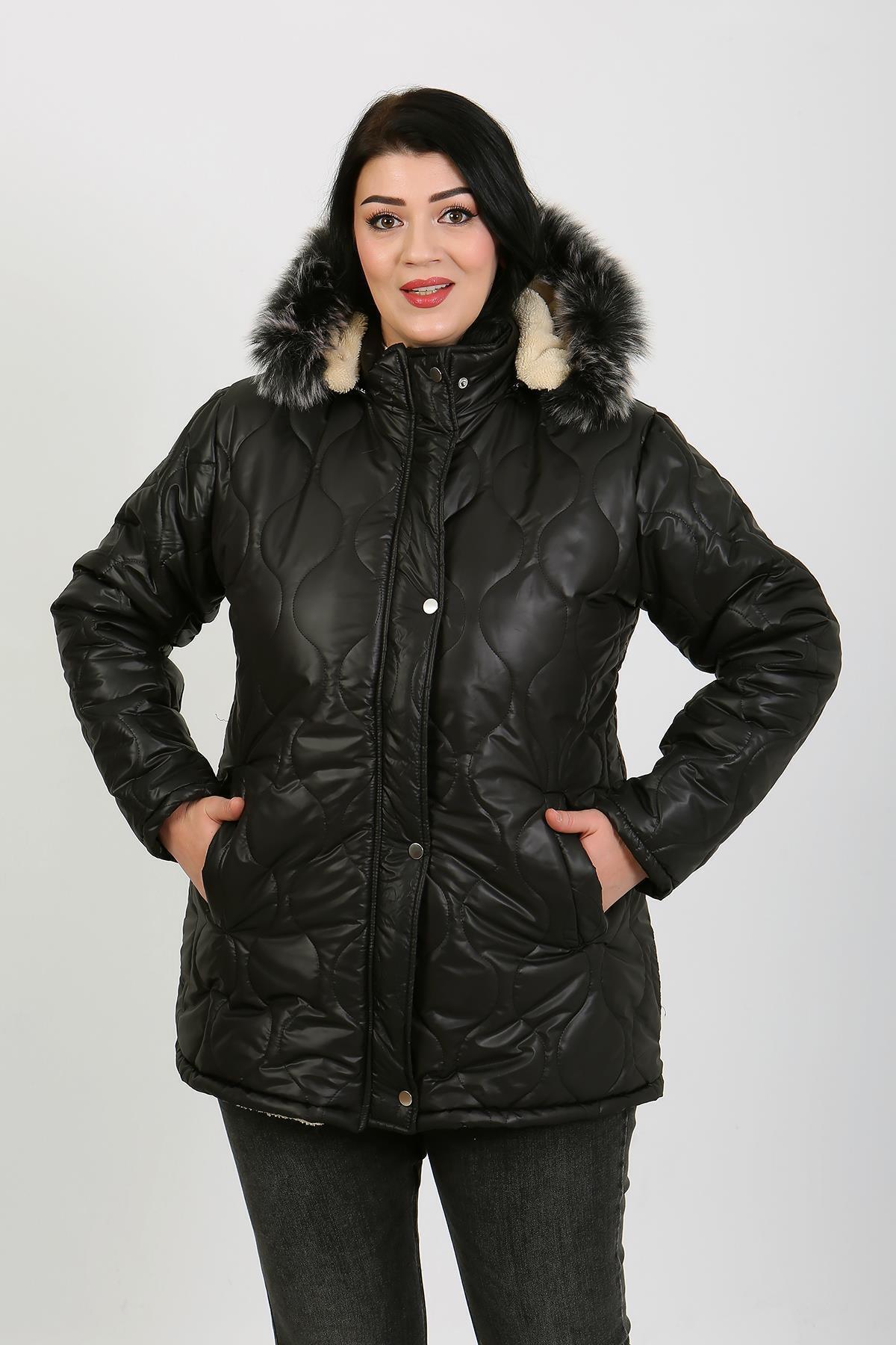 By Alba Collection Kadın Siyah Kapitone Içi Yün Büyük Beden Mont